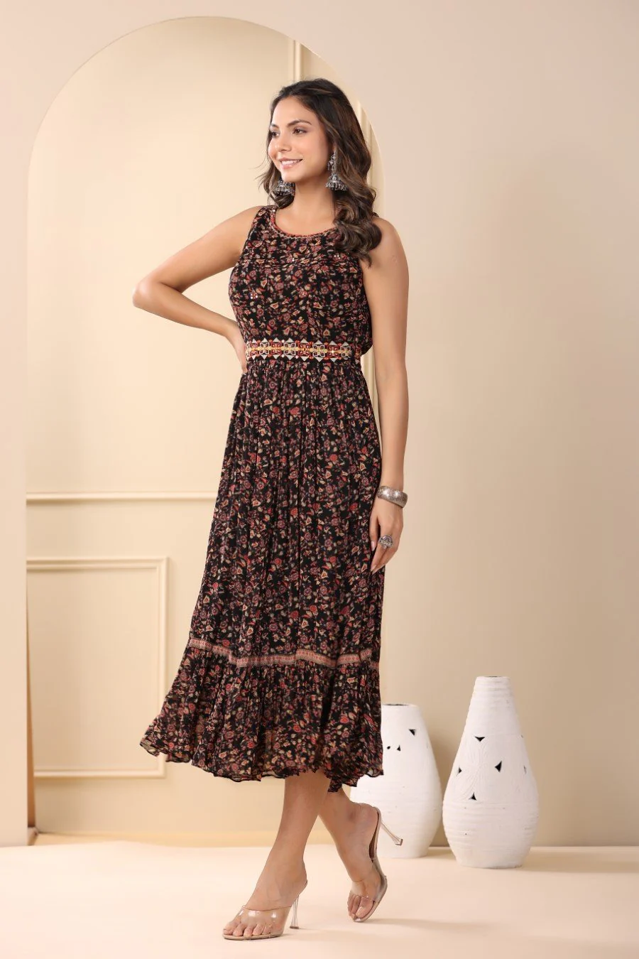 Black Floral Georgette Silk Dress - Image 5