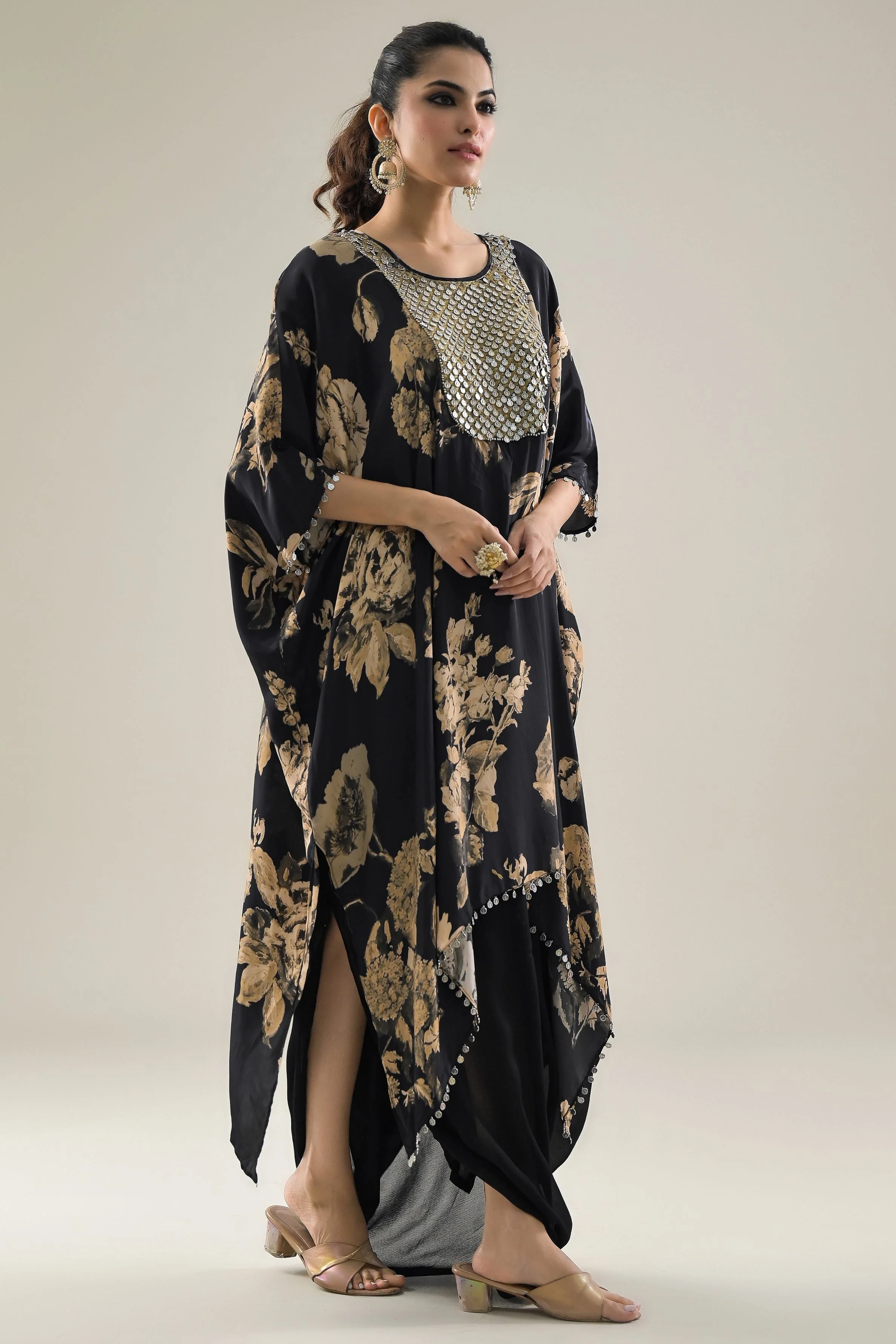 Black Floral Printed Crepe Silk Kaftan & Skirt Set - Image 3