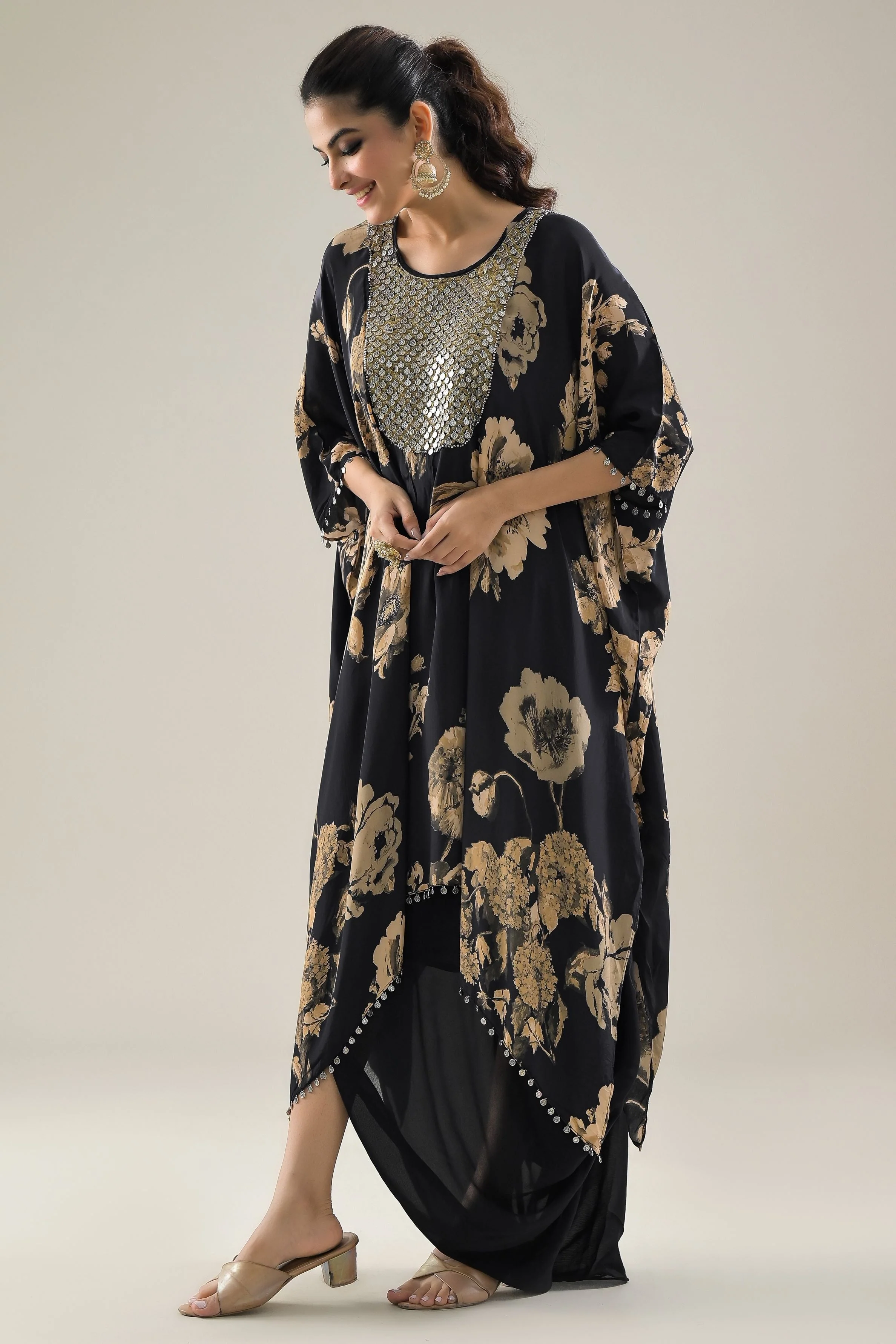 Black Floral Printed Crepe Silk Kaftan & Skirt Set - Image 4