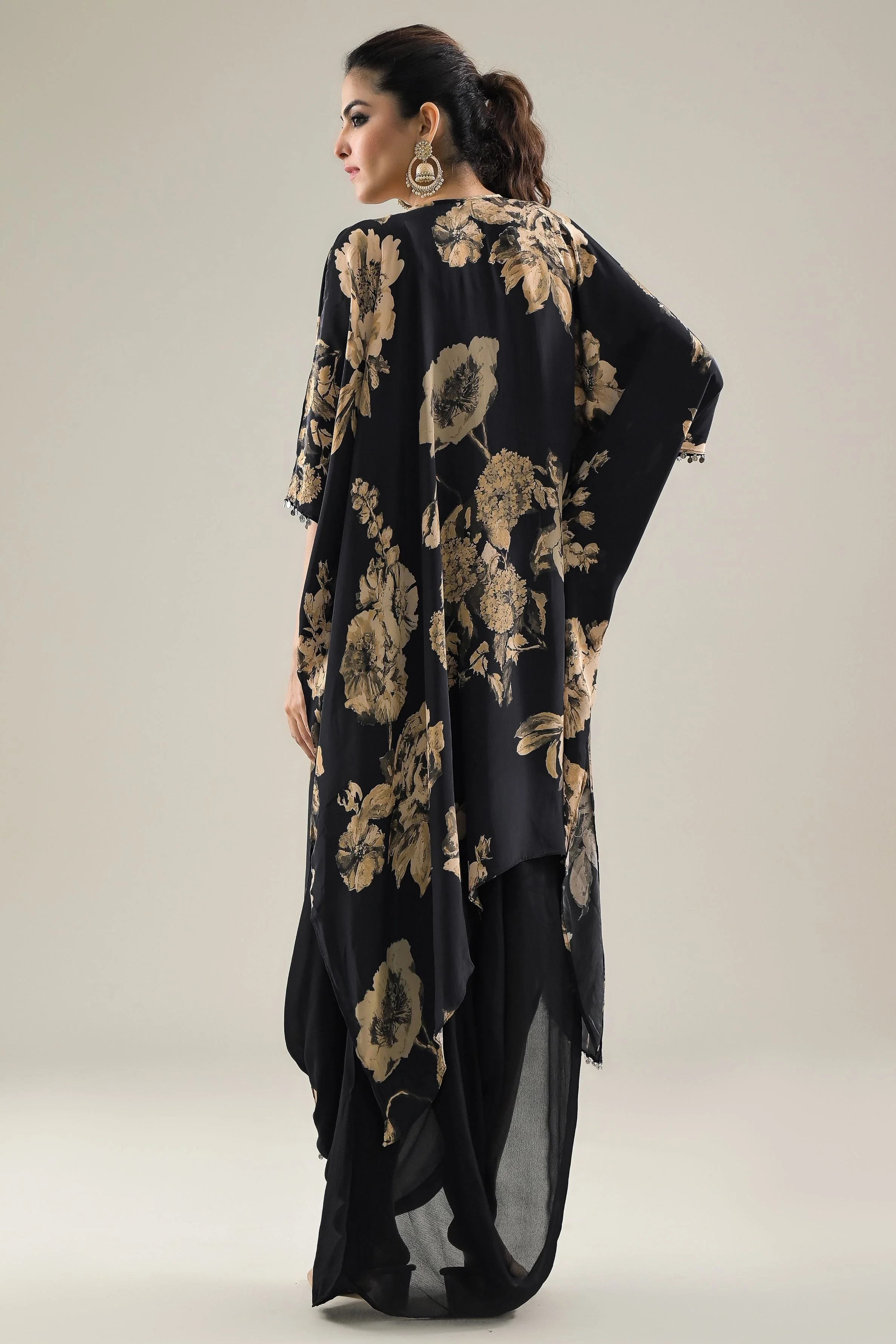 Black Floral Printed Crepe Silk Kaftan & Skirt Set - Image 5