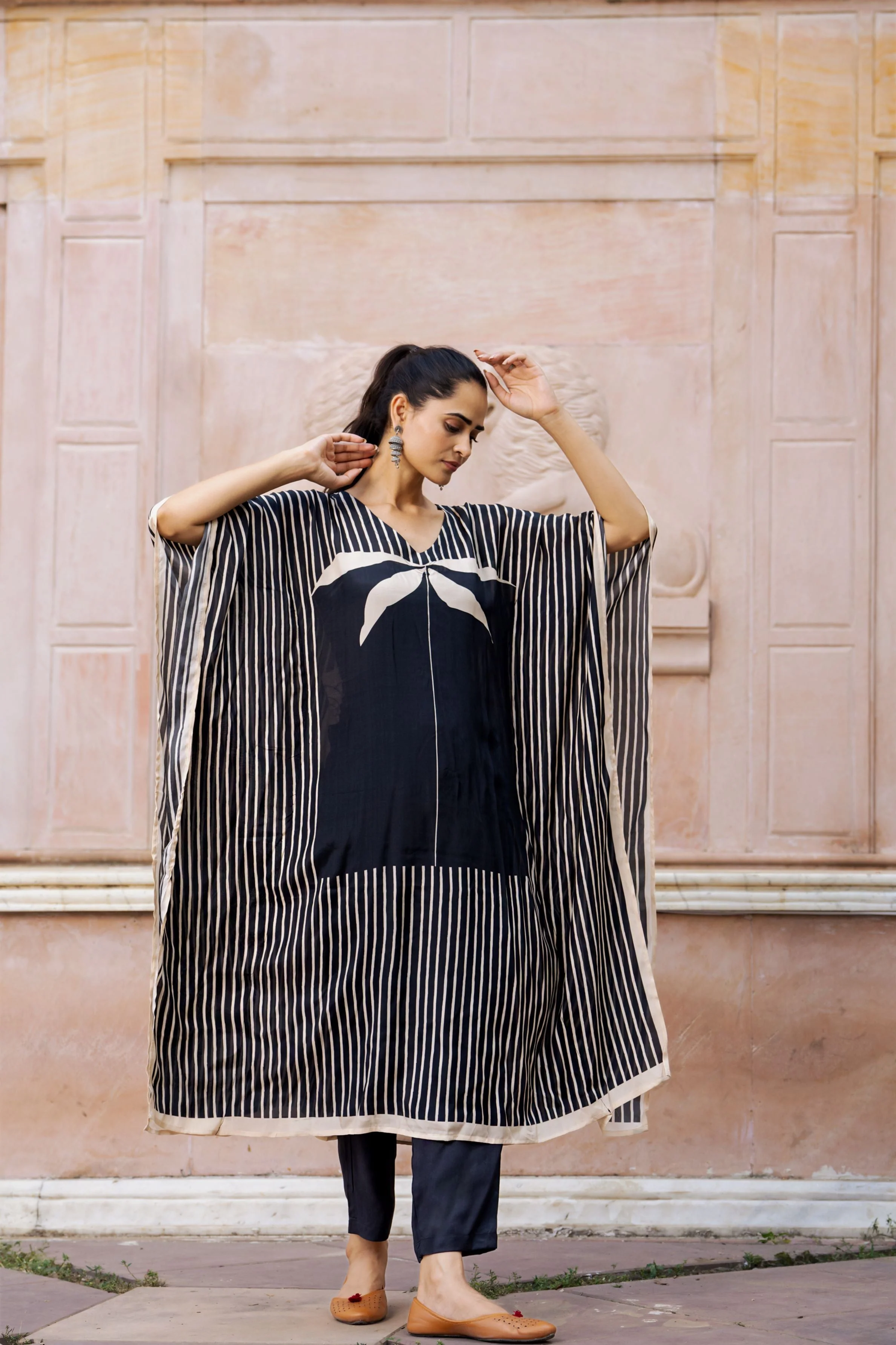 Black Floral Printed Muslin Silk Kaftan Set - Image 3
