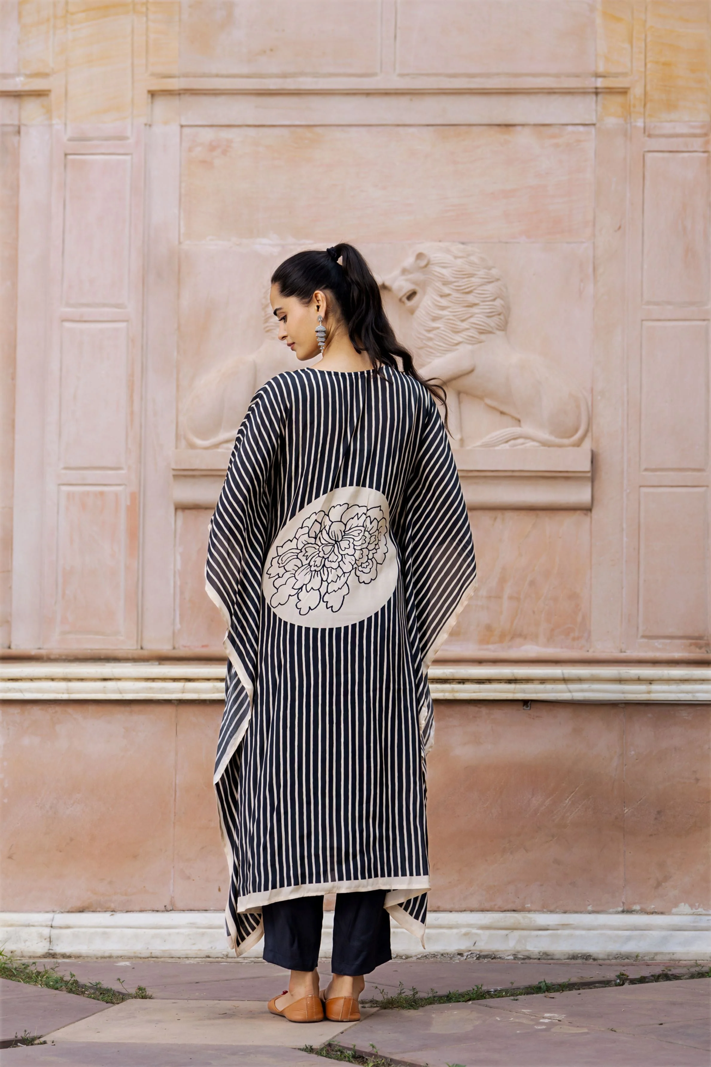 Black Floral Printed Muslin Silk Kaftan Set - Image 5