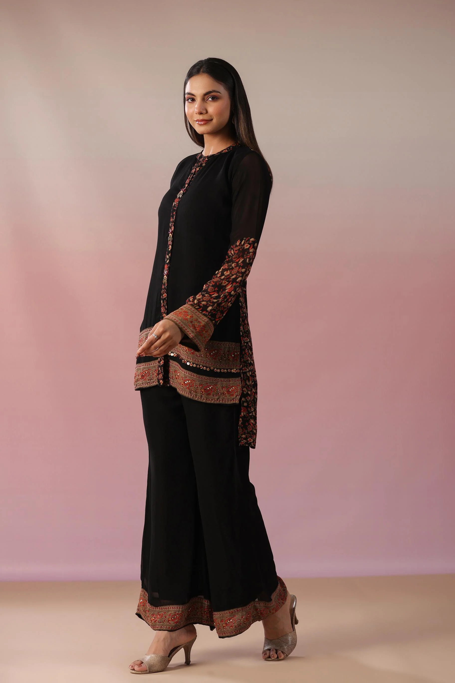 Black Floral Printed Swiss Georgette Silk Co-Ord Set - Image 3