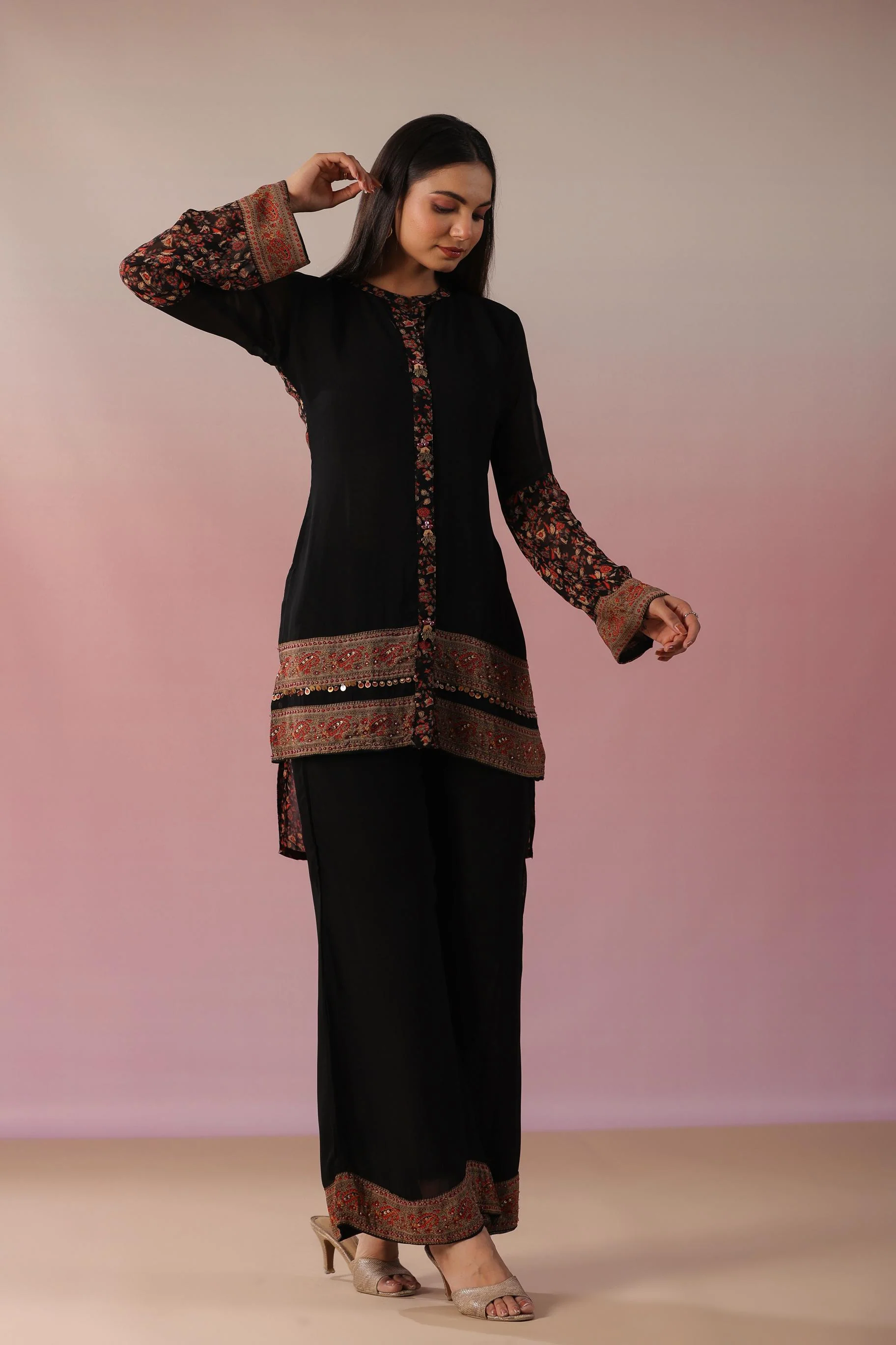 Black Floral Printed Swiss Georgette Silk Co-Ord Set - Image 4