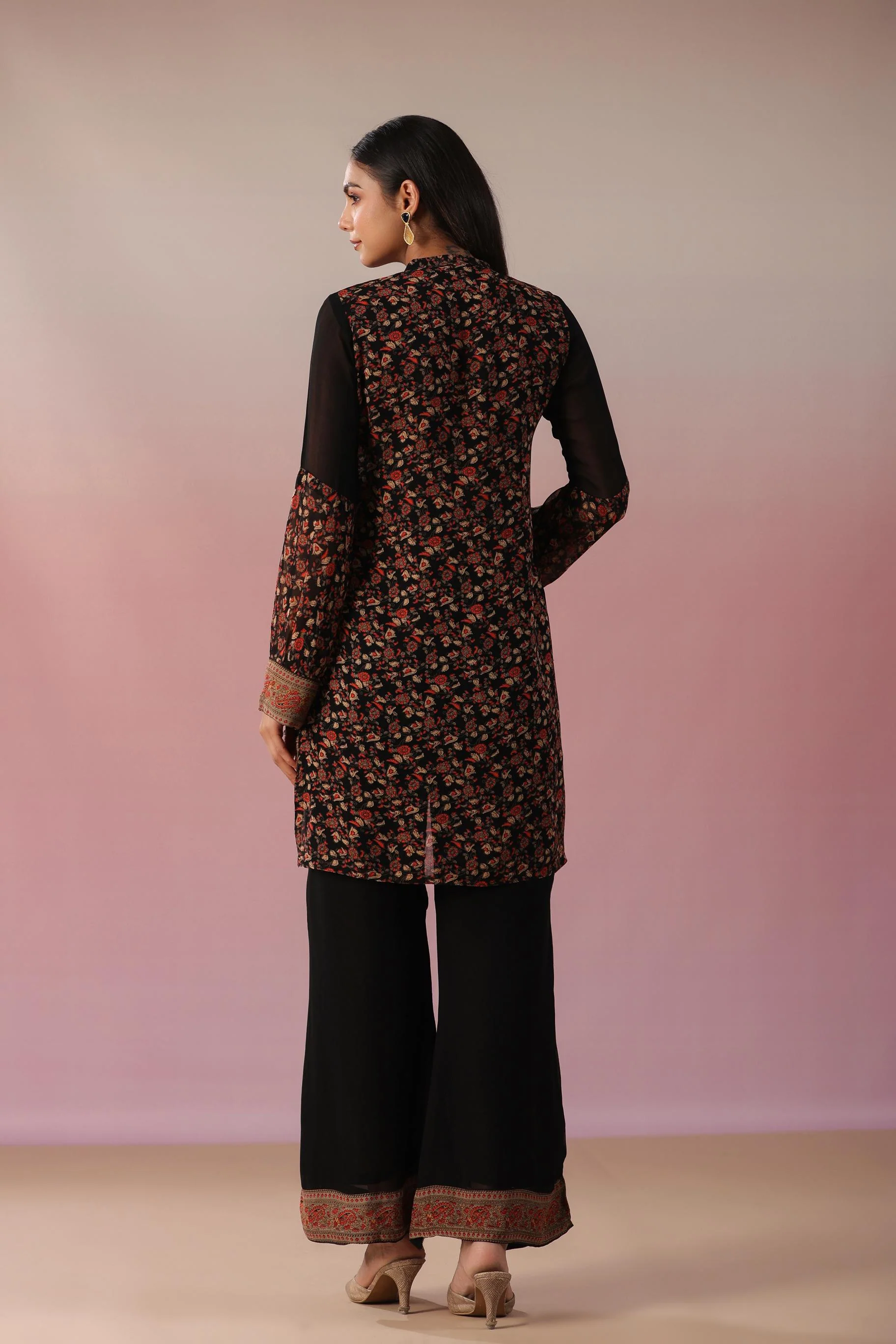 Black Floral Printed Swiss Georgette Silk Co-Ord Set - Image 5
