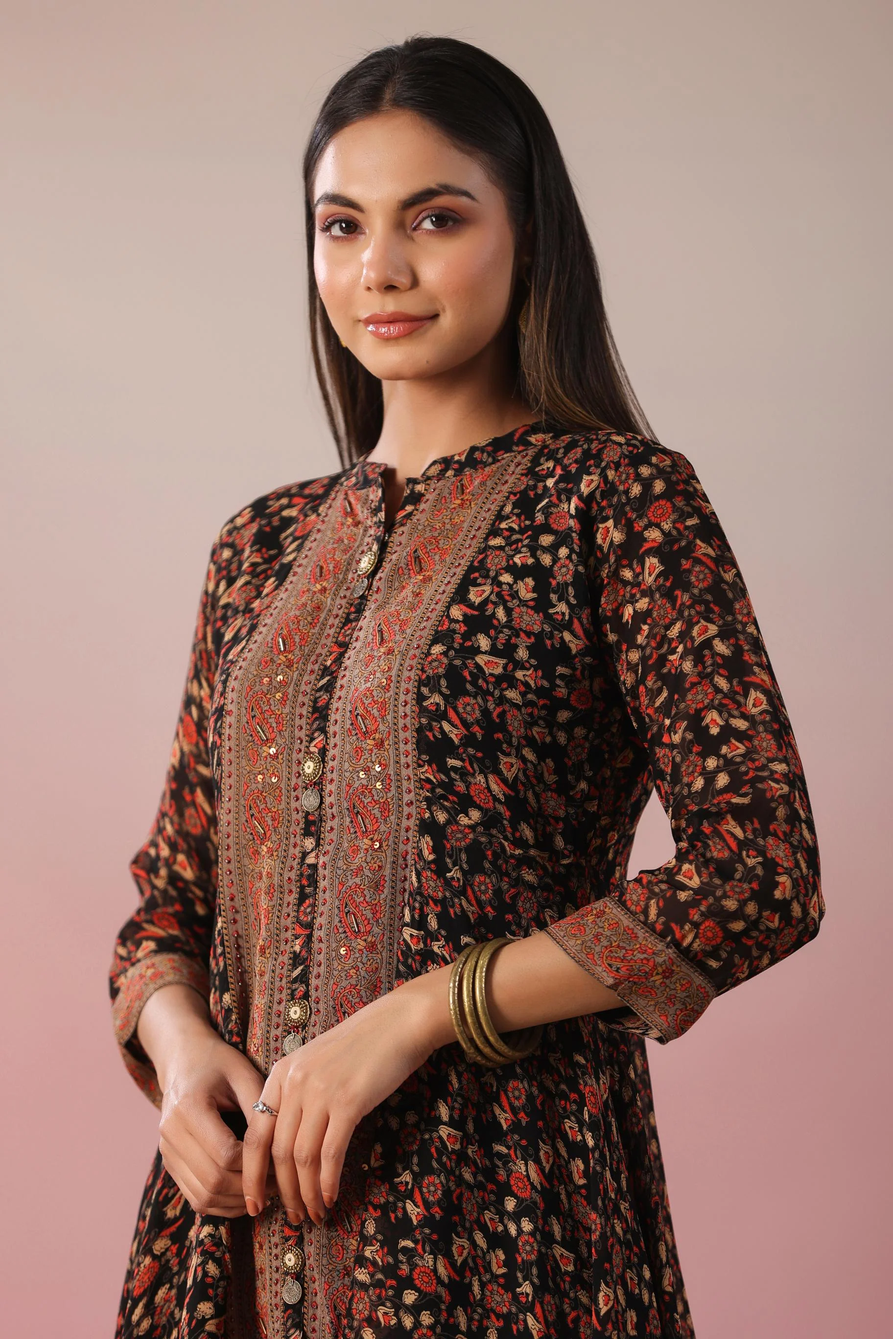Black Floral Printed Swiss Georgette Silk Tunic & Pants Set - Image 2