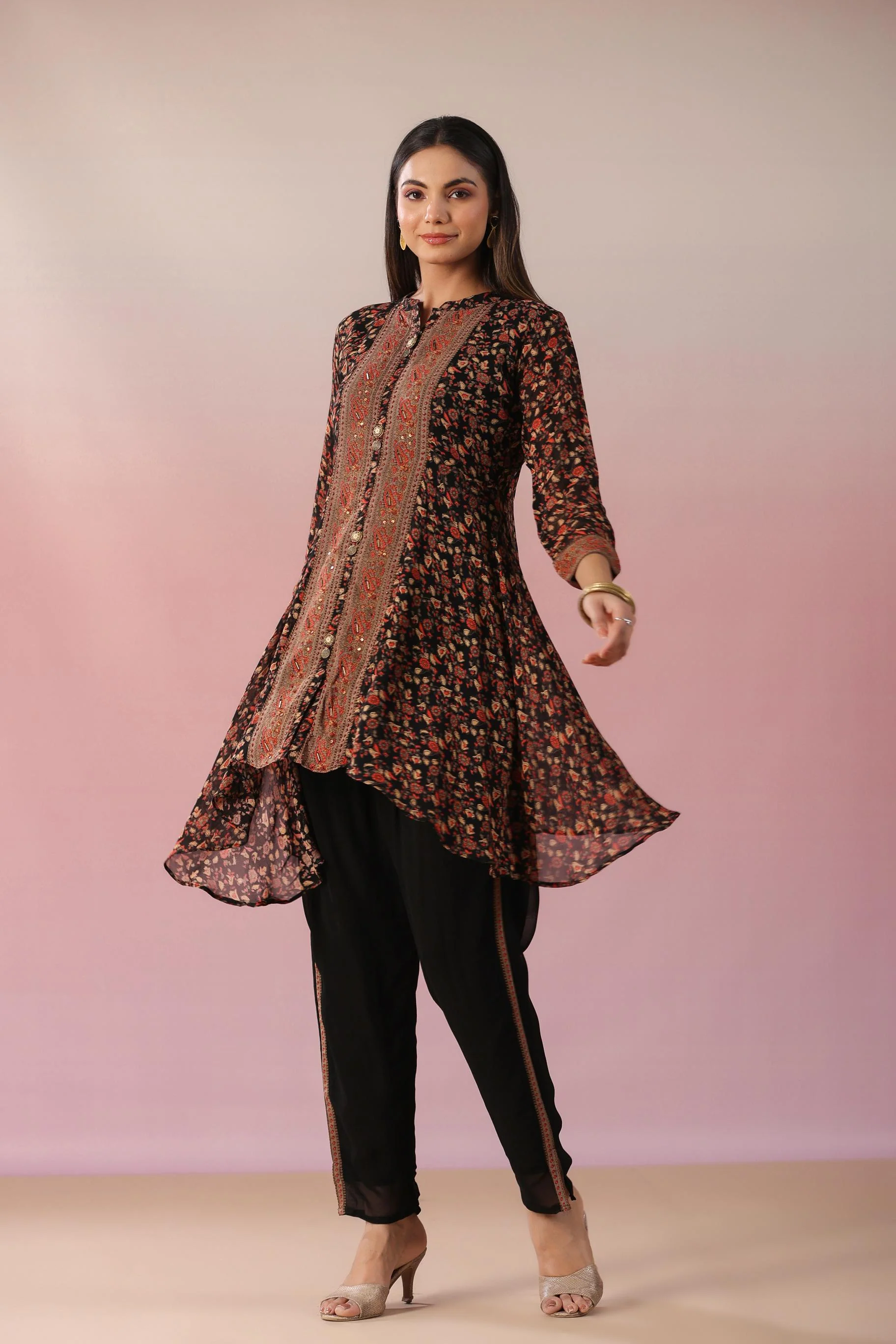 Black Floral Printed Swiss Georgette Silk Tunic & Pants Set - Image 3