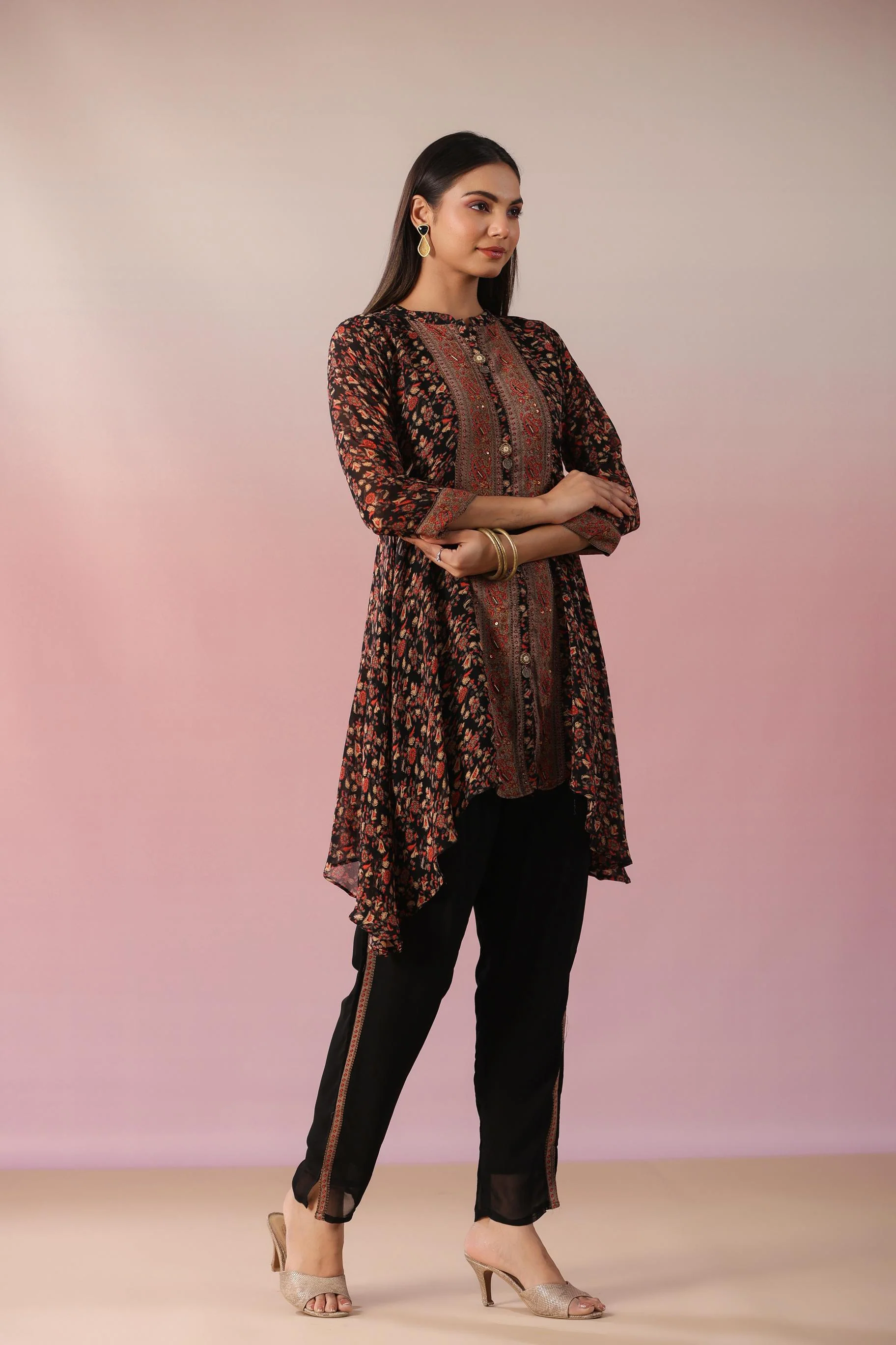 Black Floral Printed Swiss Georgette Silk Tunic & Pants Set - Image 4