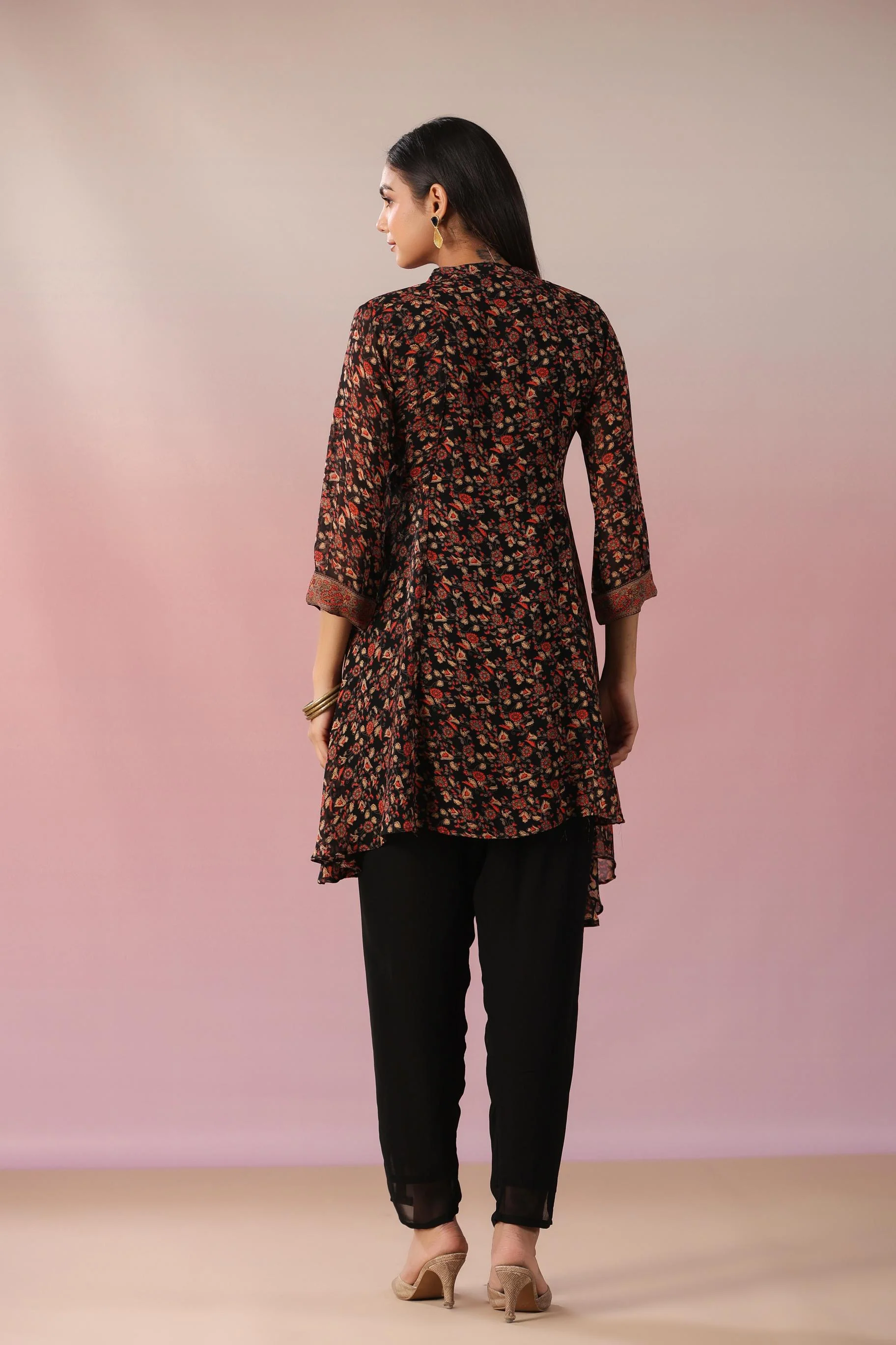 Black Floral Printed Swiss Georgette Silk Tunic & Pants Set - Image 5