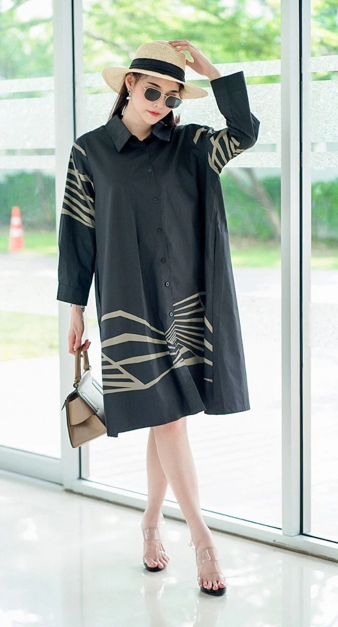 Black Geometric Lines Print Tunic Dress - Image 3
