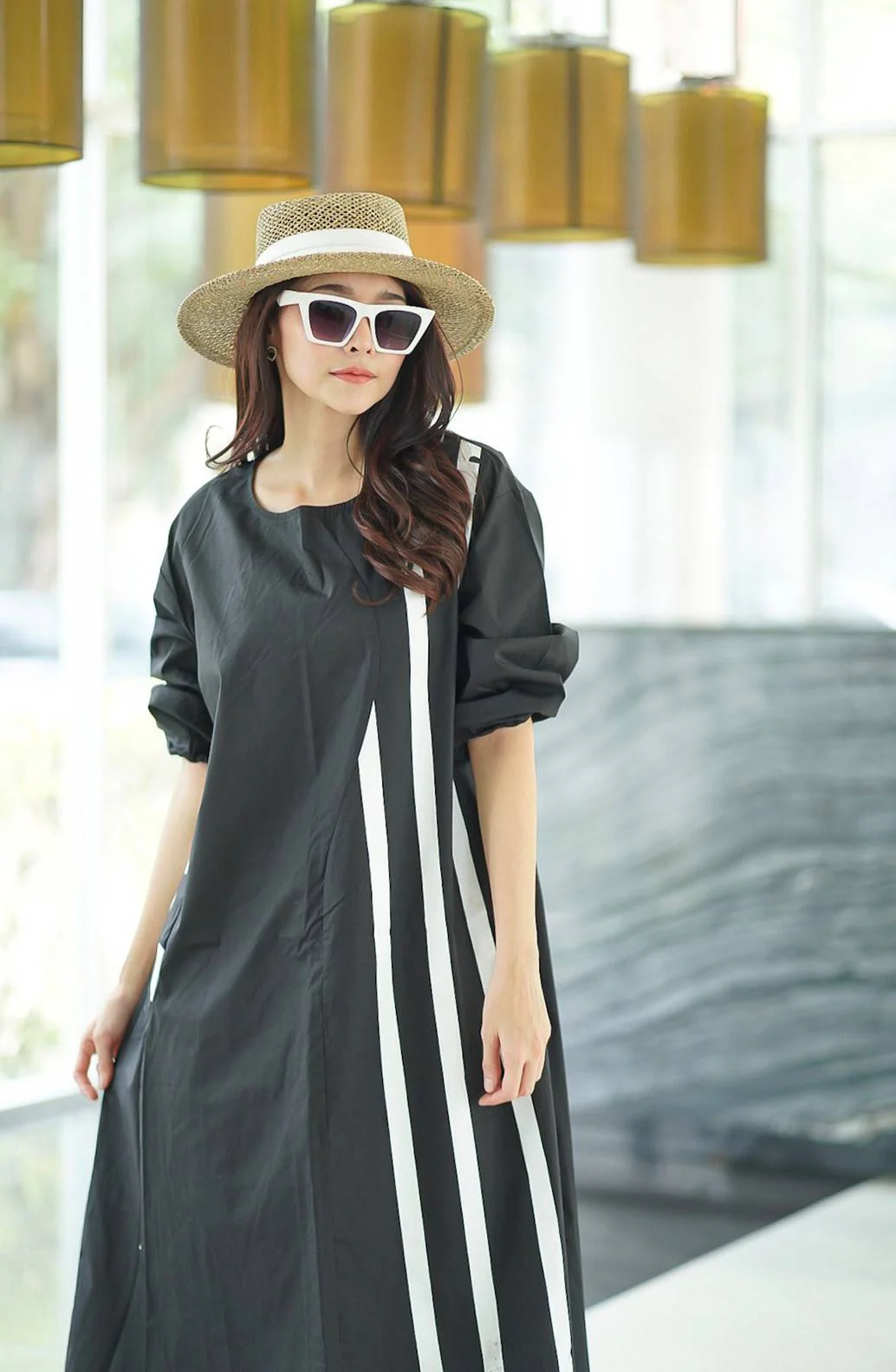 Black and White Geometric Printed Cotton Dress - Image 4