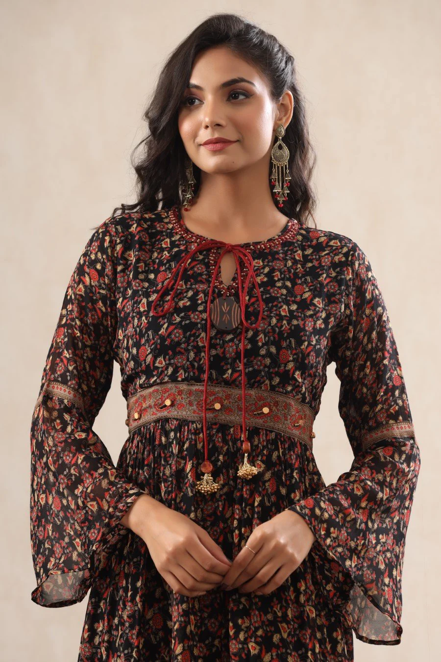 Black Georgette Silk Floral Flare Gown - Image 2