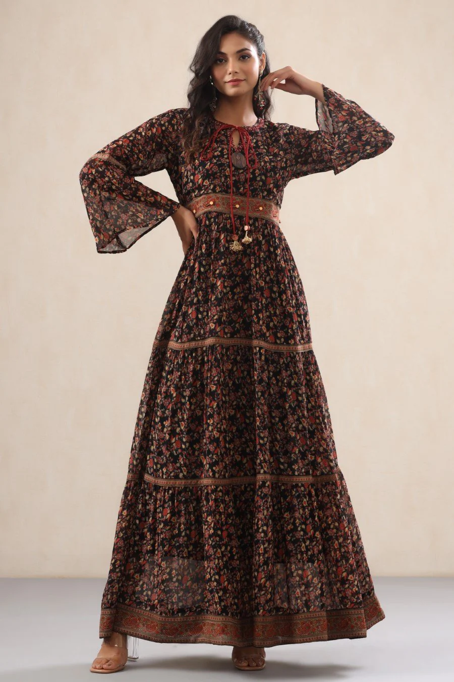 Black Georgette Silk Floral Flare Gown - Image 3