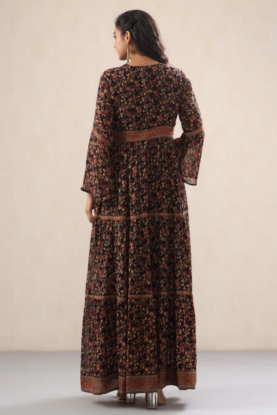 Black Georgette Silk Floral Flare Gown - Image 4