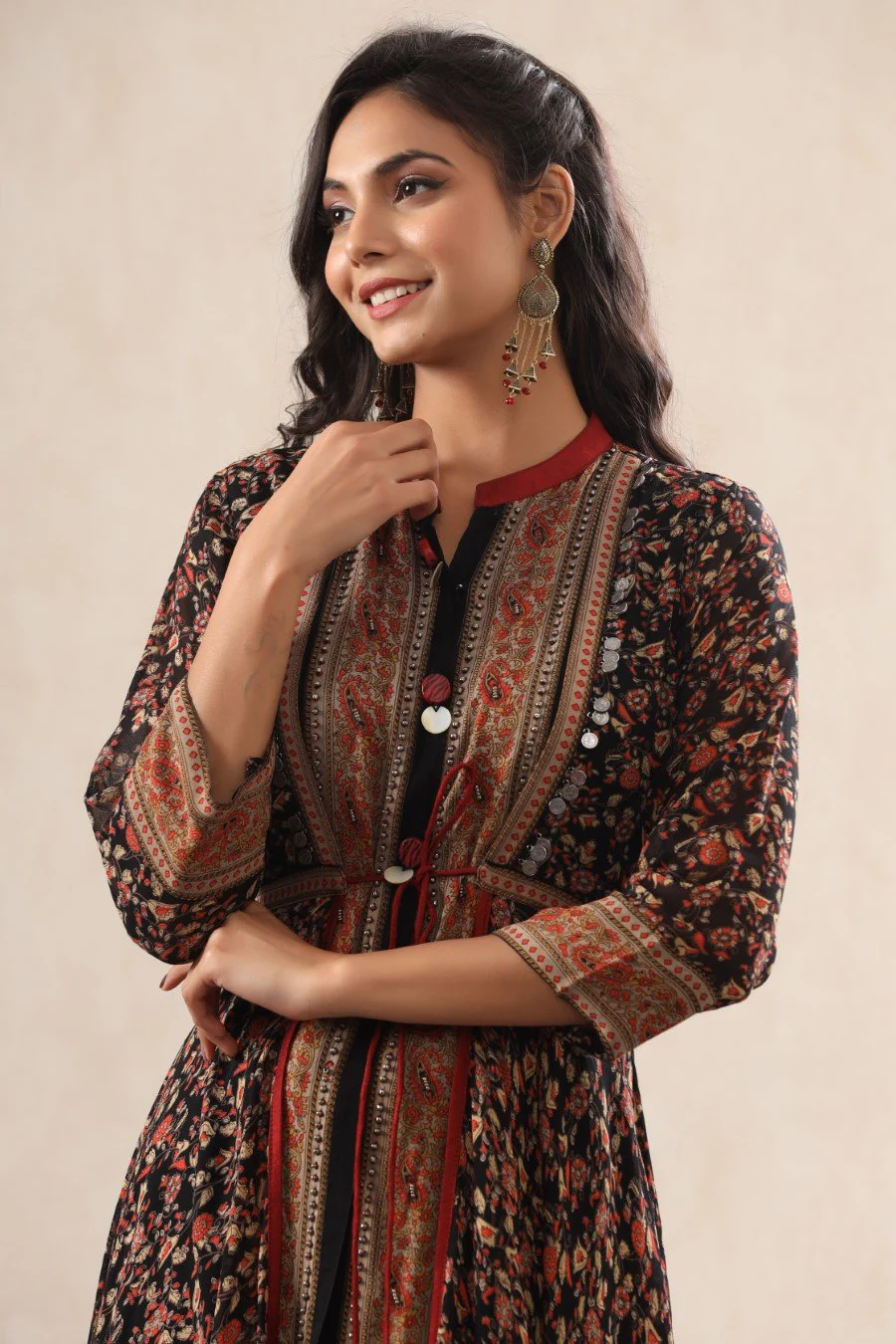Black Georgette Silk Floral Flare Dress - Image 2
