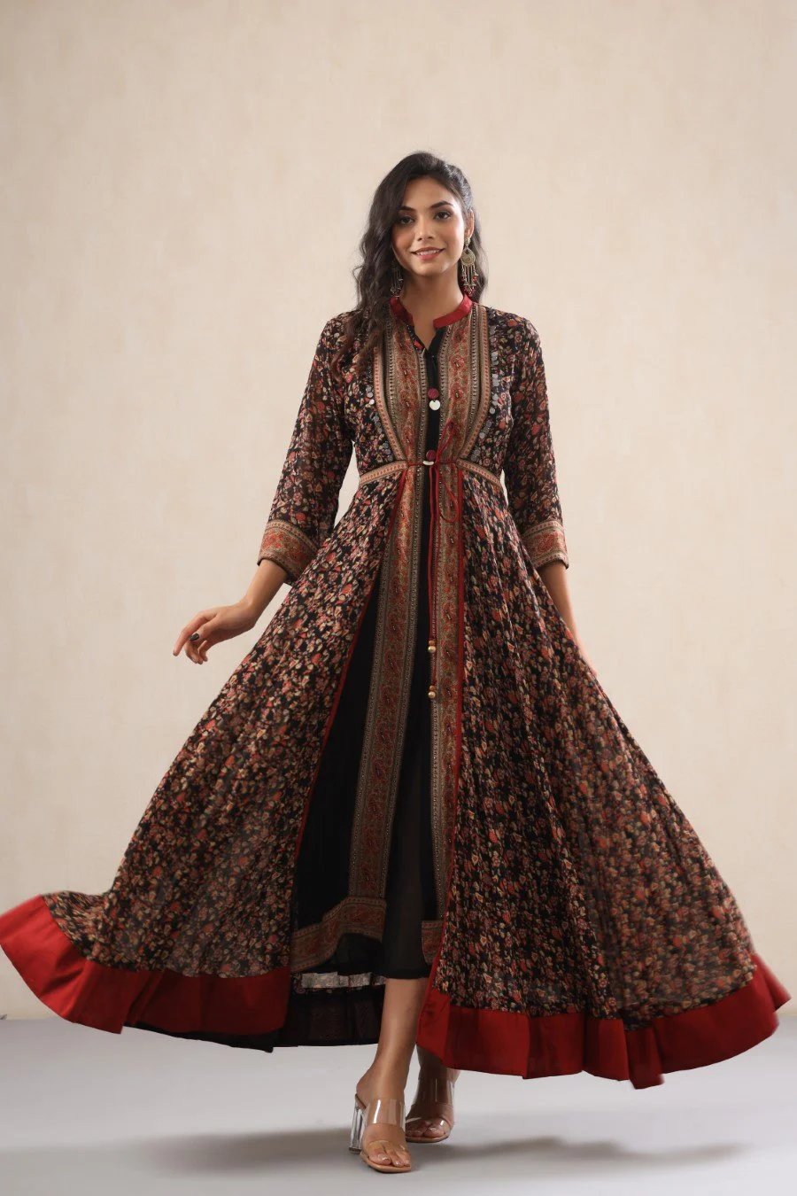 Black Georgette Silk Floral Flare Dress - Image 3