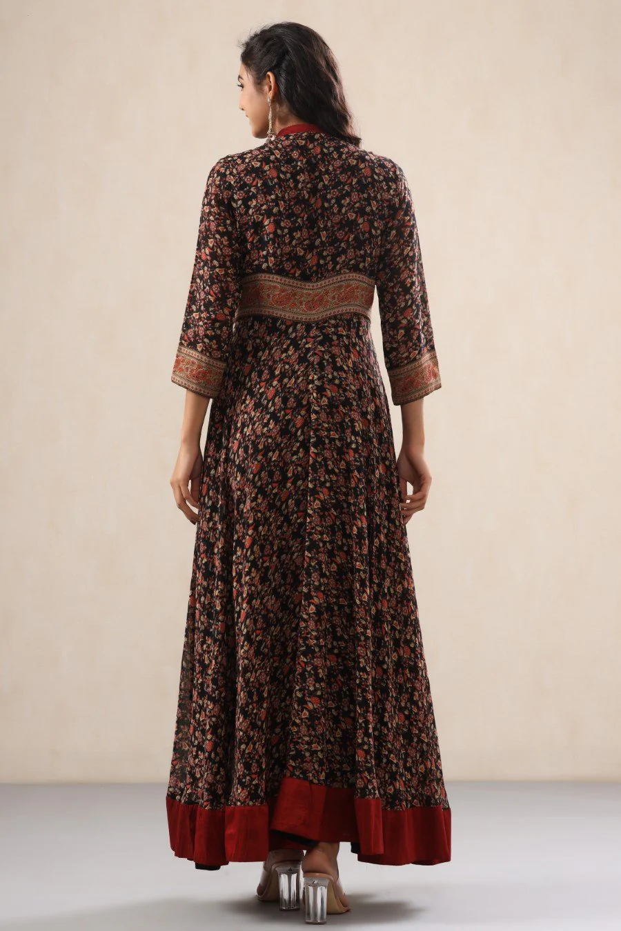 Black Georgette Silk Floral Flare Dress - Image 4