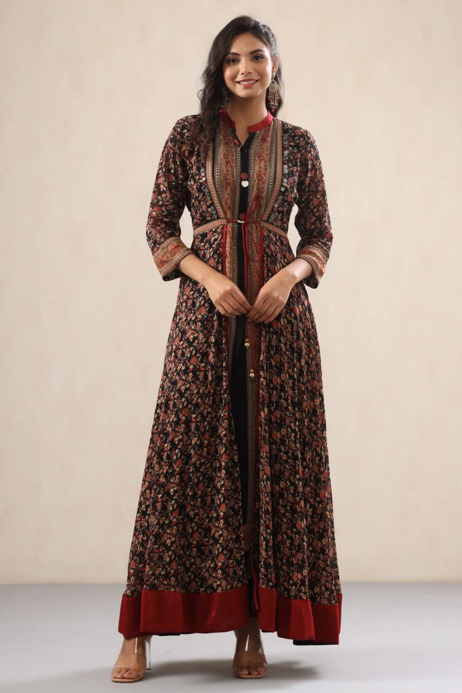 Black Georgette Silk Floral Flare Dress - Image 5