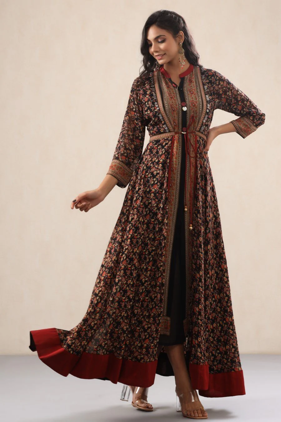 Black Georgette Silk Floral Flare Dress - Image 6
