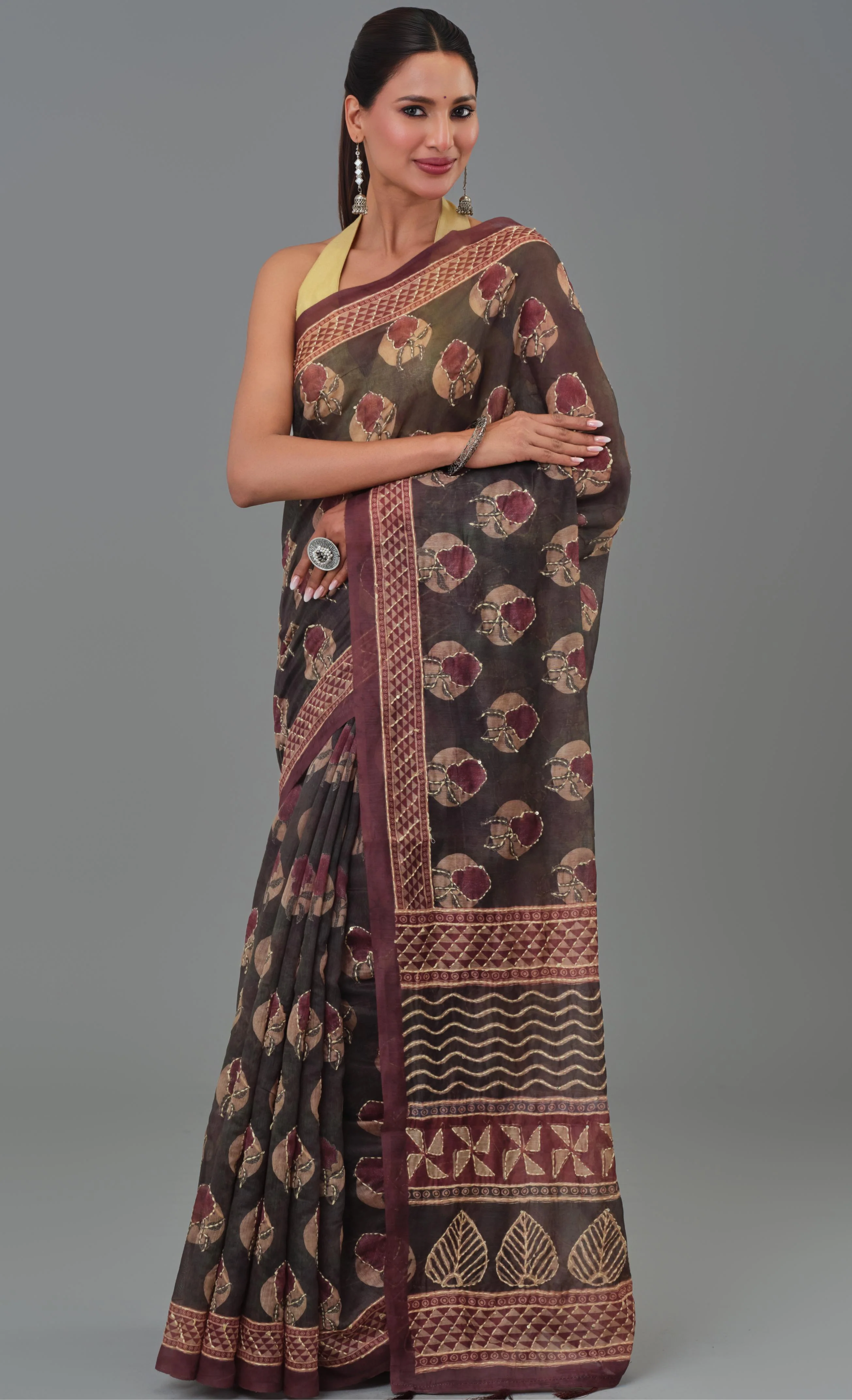 Maroon Kantha Handwork Chanderi Silk Saree - Image 2