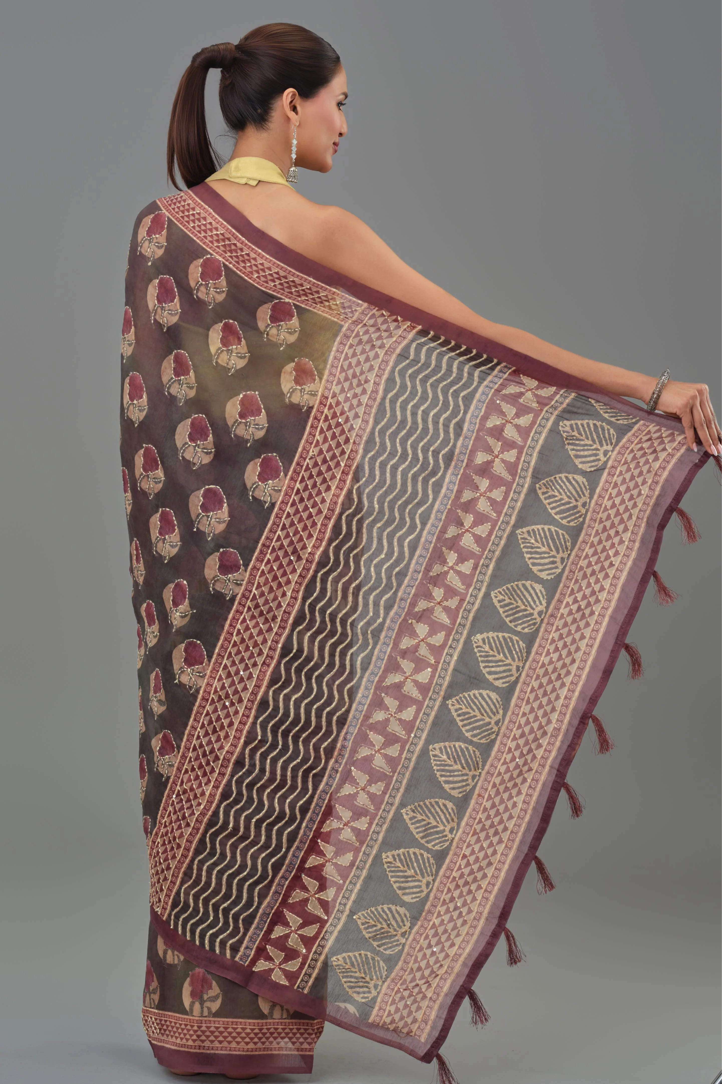 Maroon Kantha Handwork Chanderi Silk Saree - Image 3