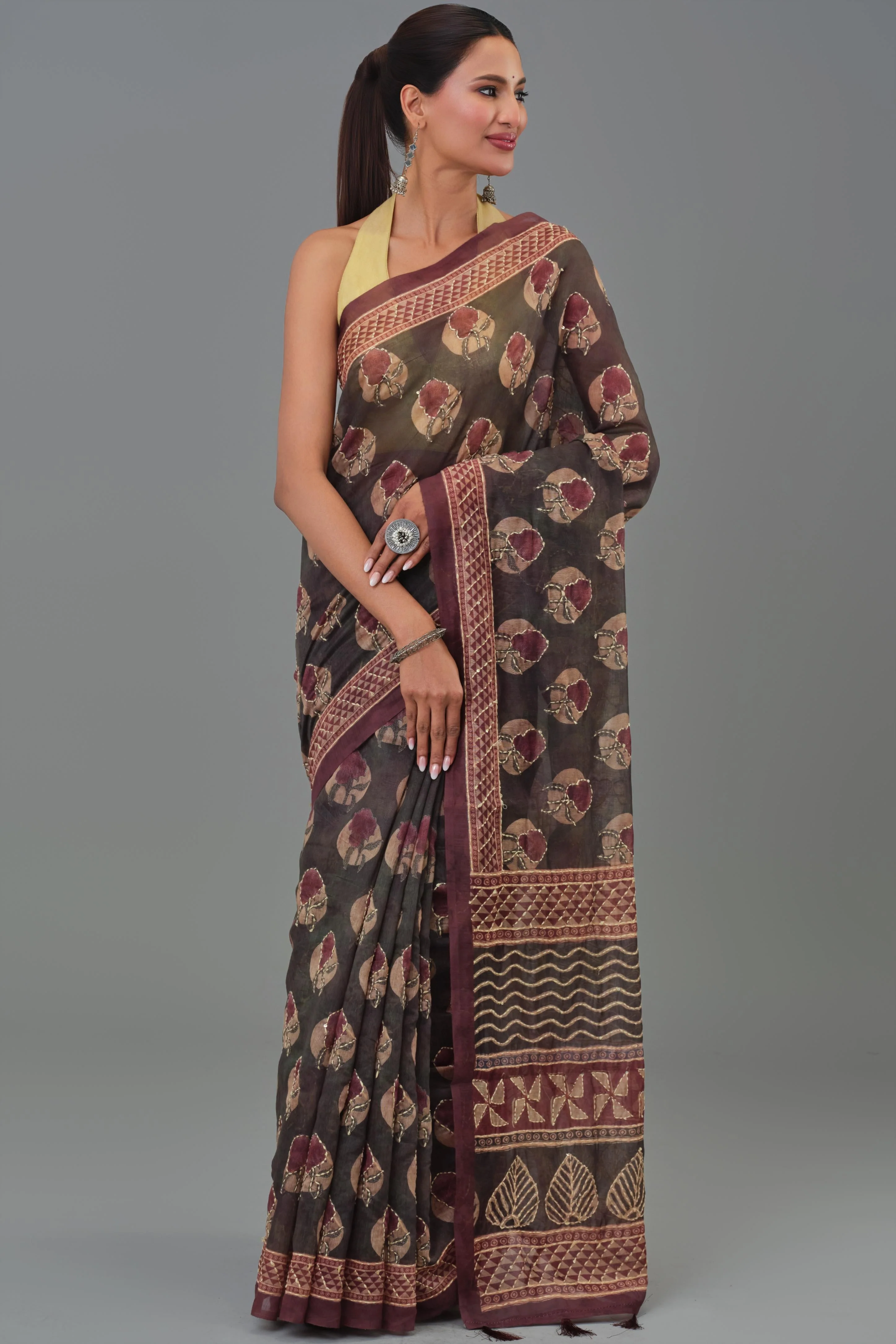 Maroon Kantha Handwork Chanderi Silk Saree - Image 5