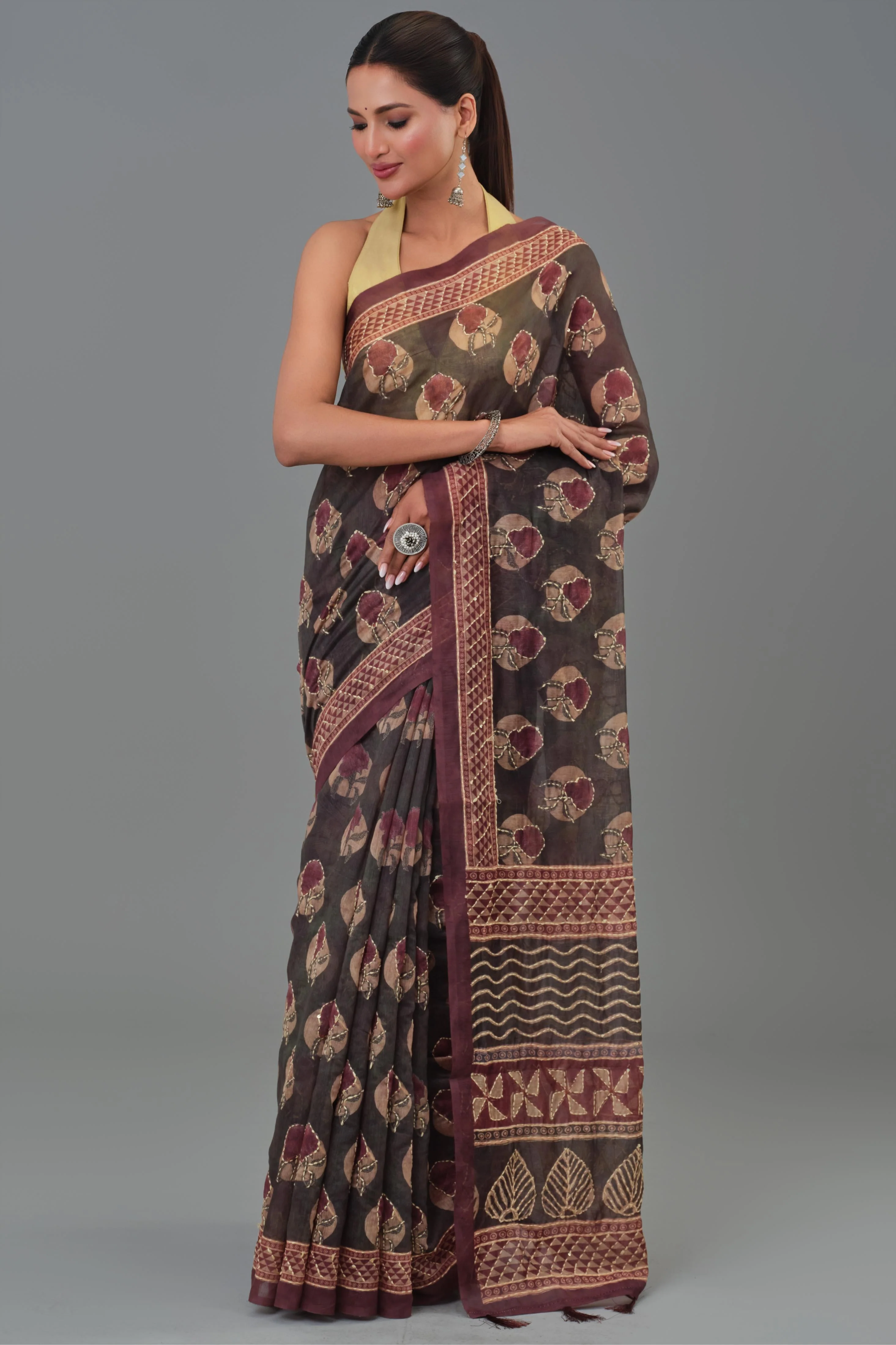 Maroon Kantha Handwork Chanderi Silk Saree - Image 6