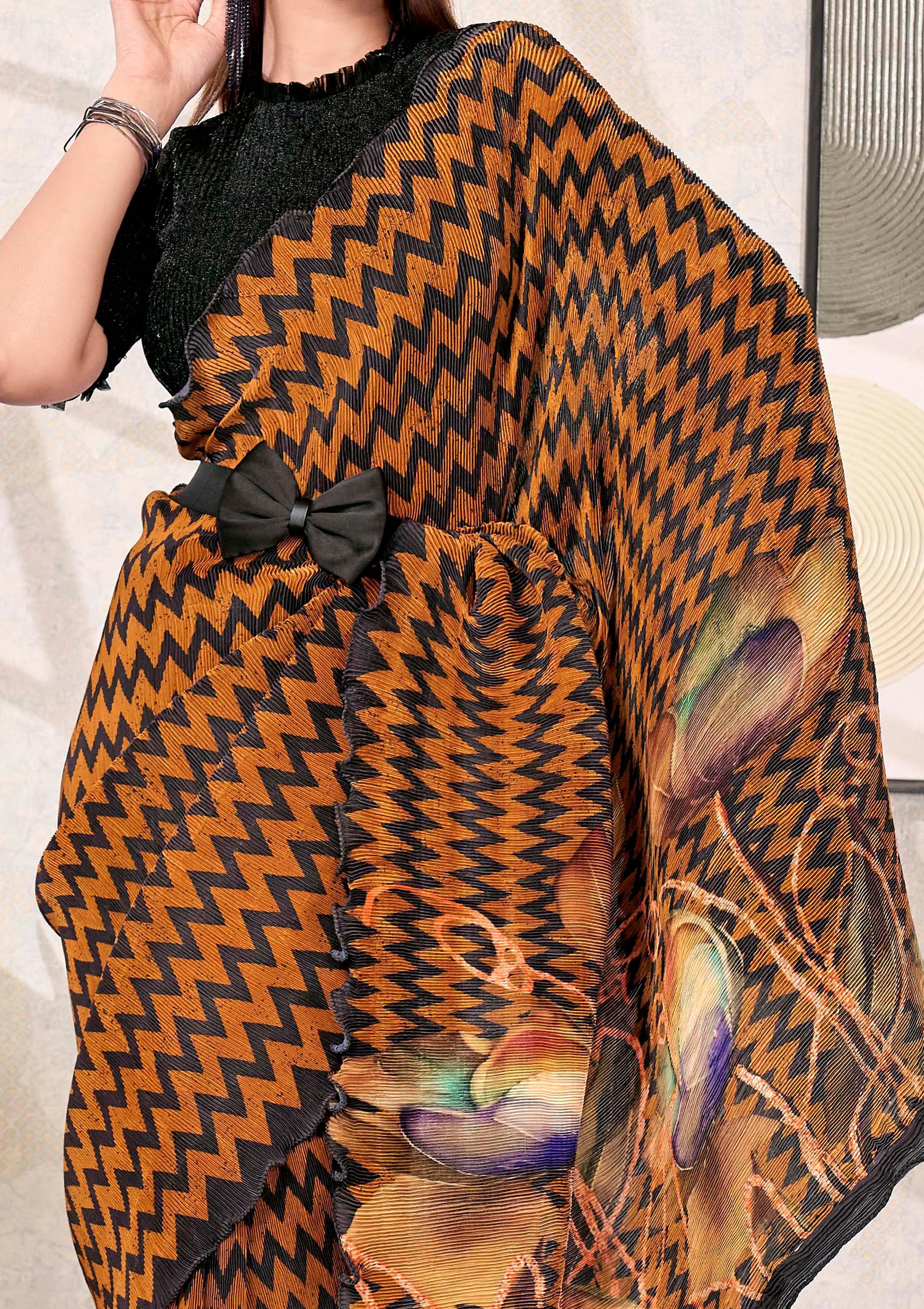 Black & Gold Satin Silk Saree - Image 2