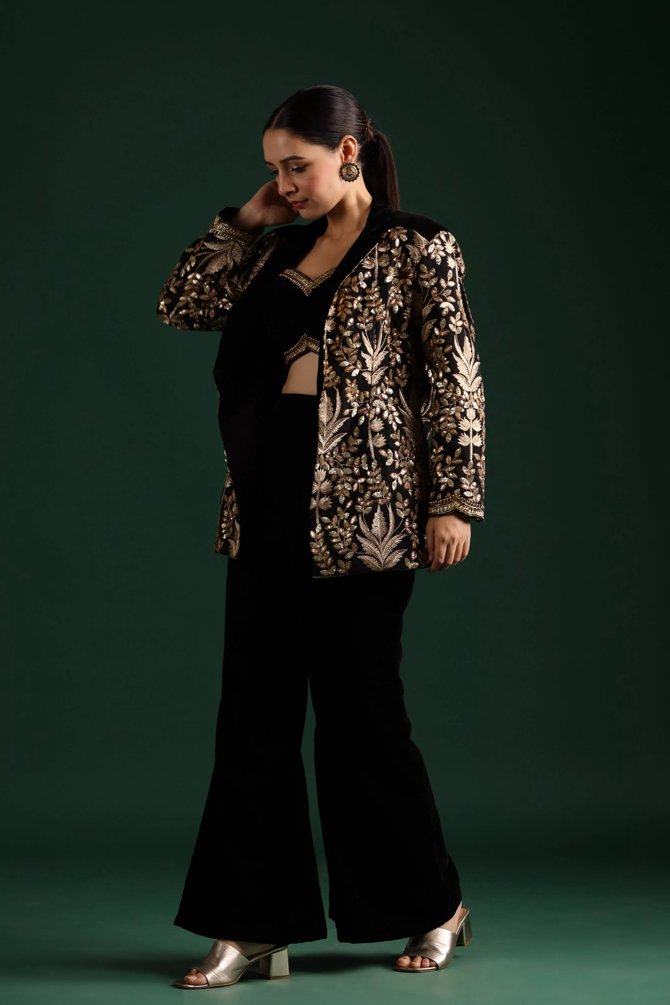Black Golden Embroidered Co-Ord Set With Jacket - Image 3