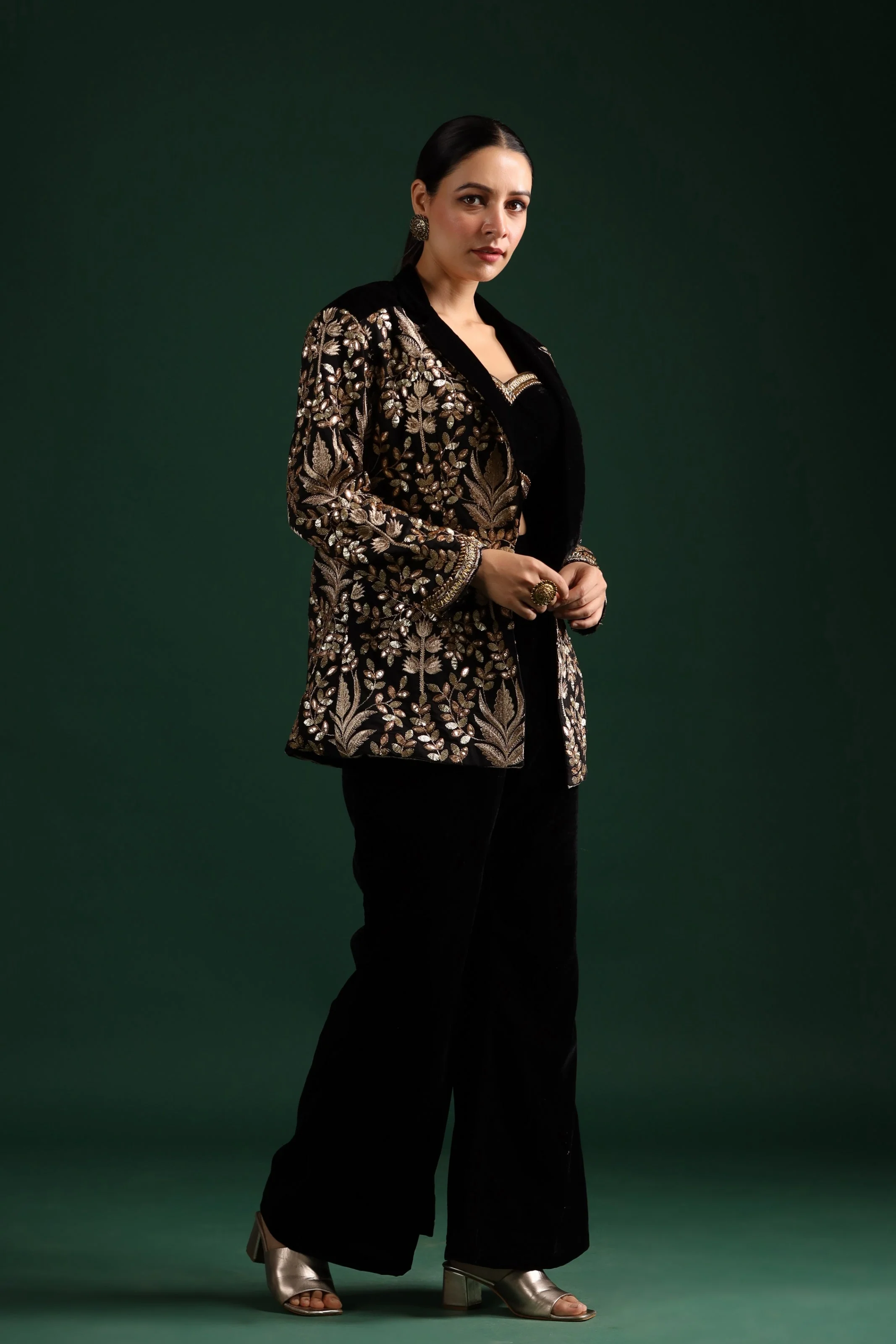 Black Golden Embroidered Co-Ord Set With Jacket - Image 4