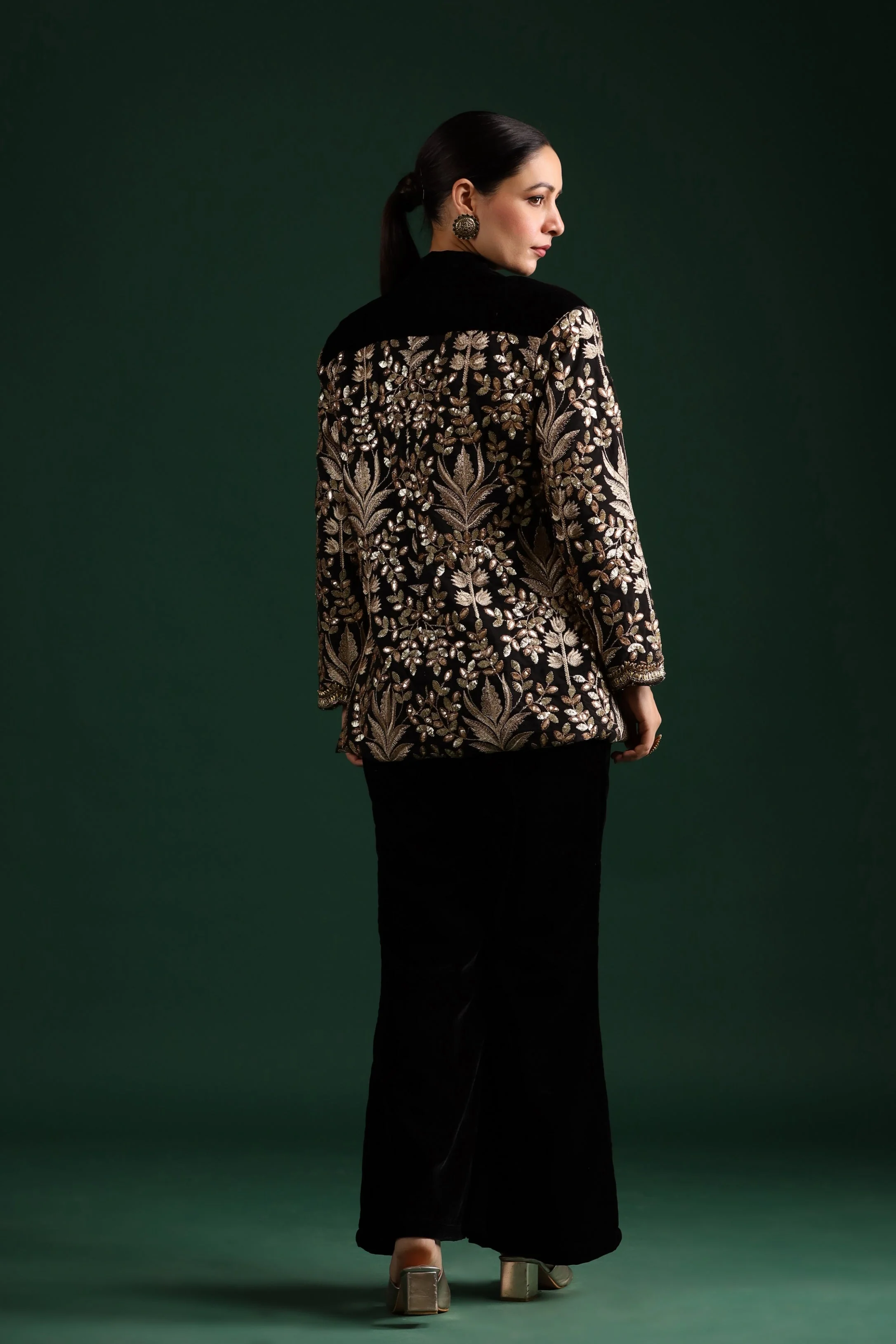 Black Golden Embroidered Co-Ord Set With Jacket - Image 5