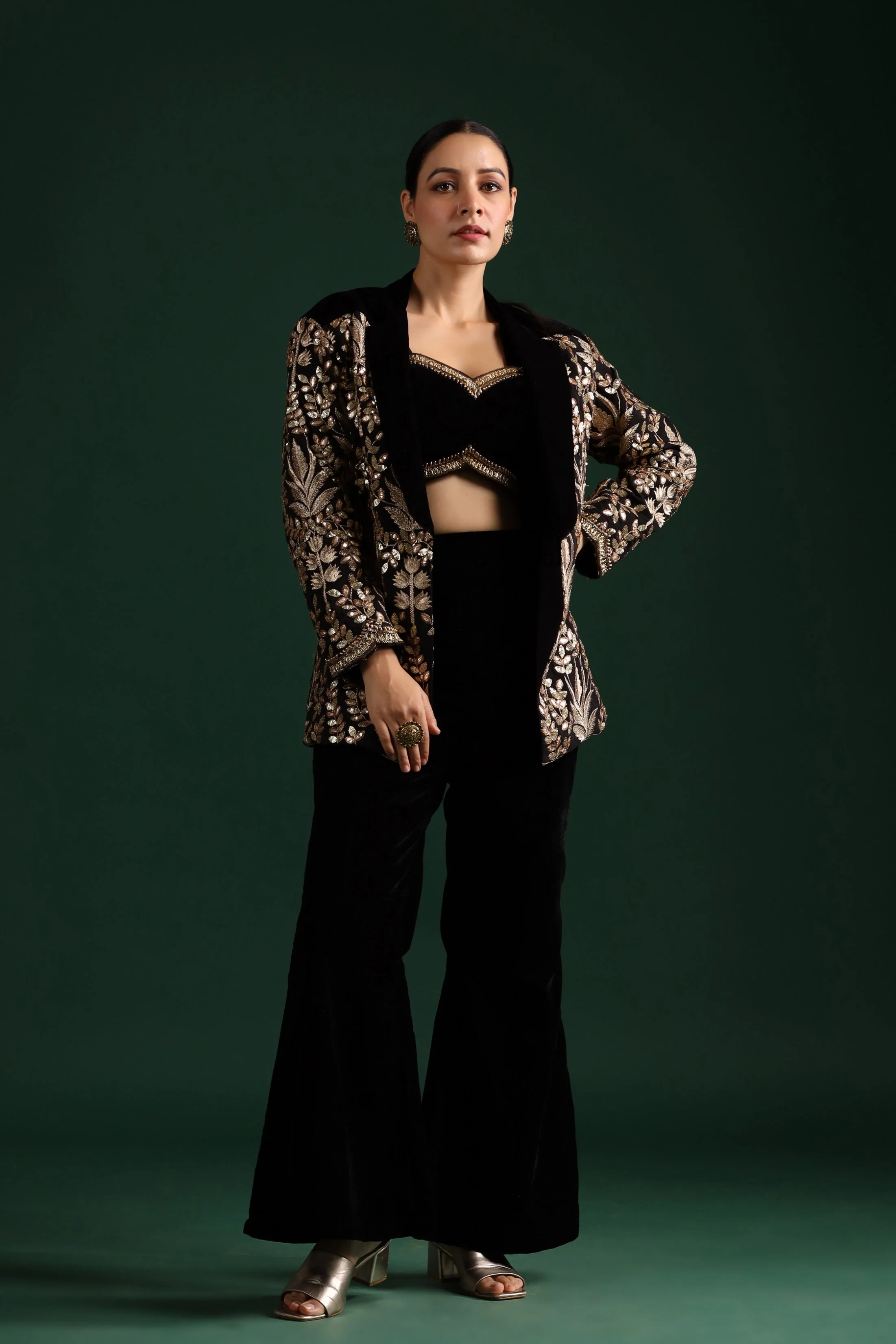 Black Golden Embroidered Co-Ord Set With Jacket - Image 6