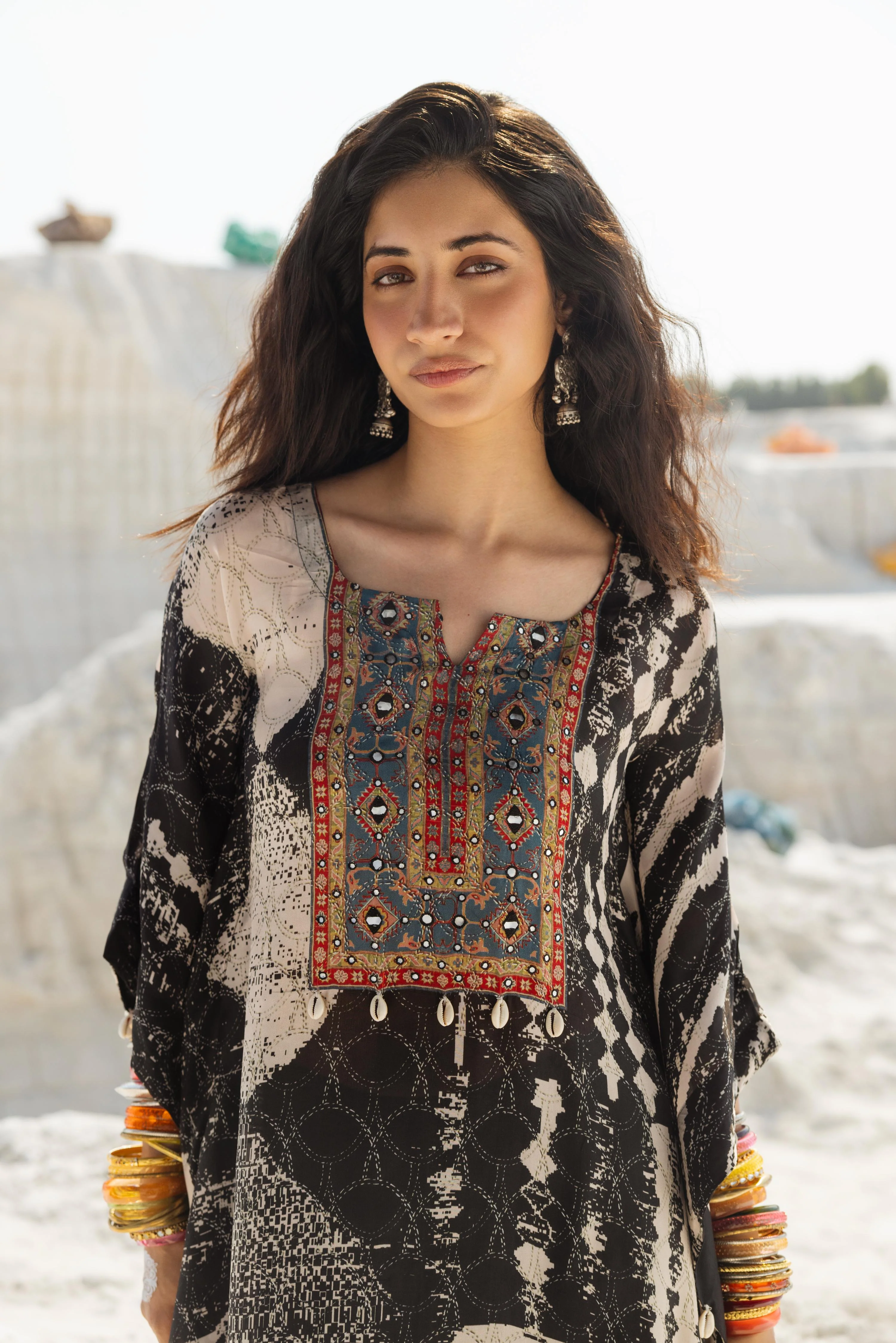 Charcoal Black Ikat Printed Muslin Silk Kaftan Set - Image 2