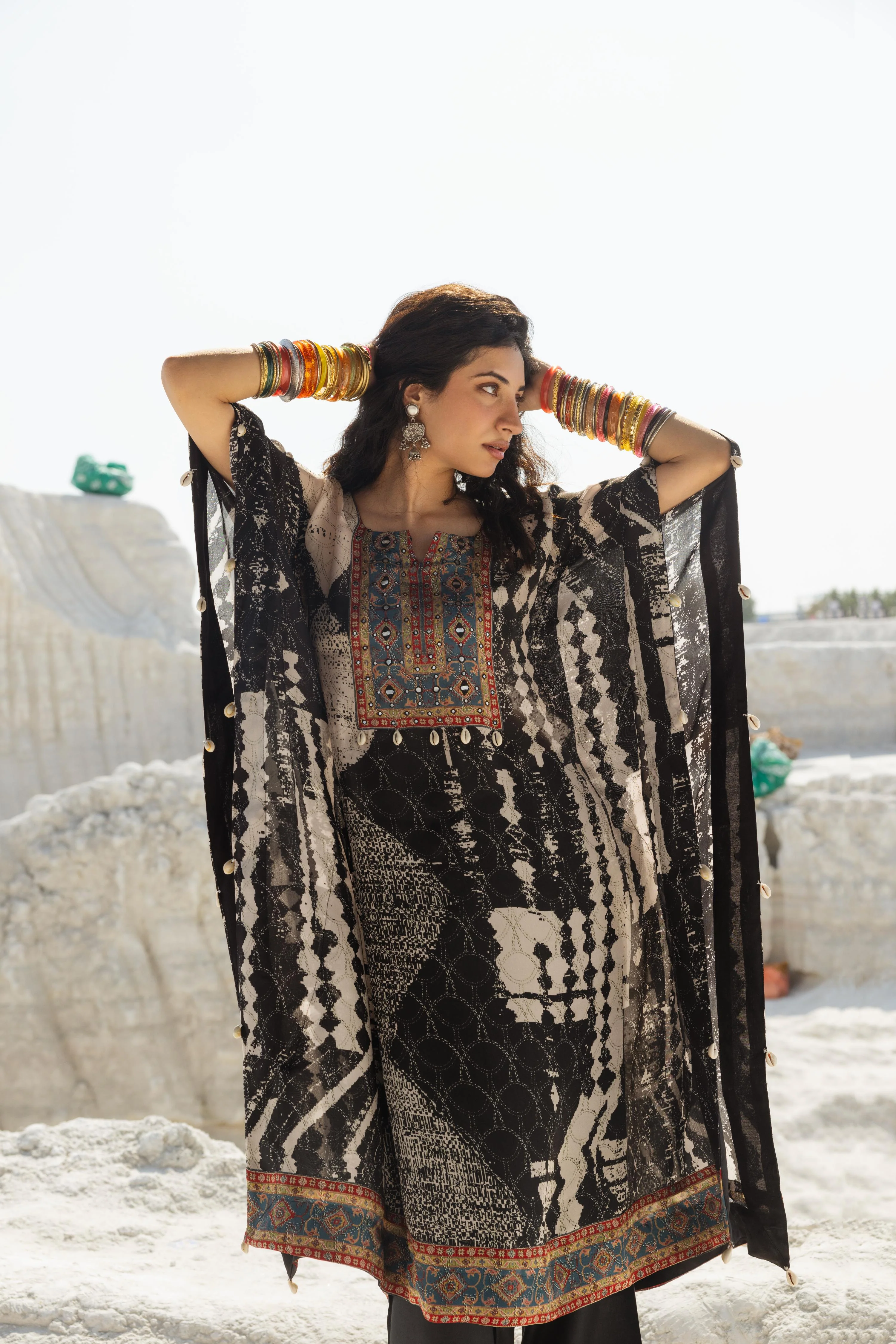 Charcoal Black Ikat Printed Muslin Silk Kaftan Set - Image 3
