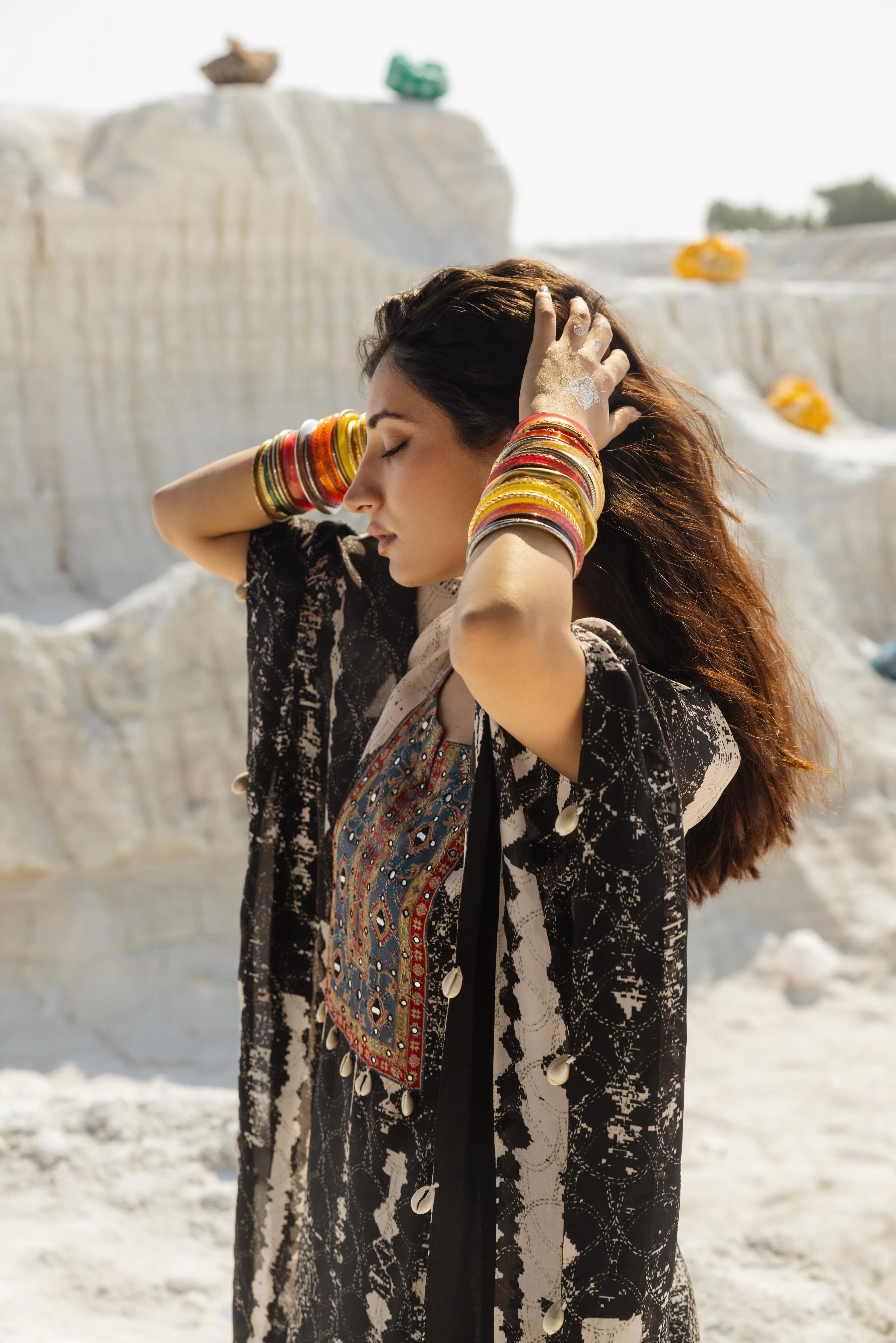 Charcoal Black Ikat Printed Muslin Silk Kaftan Set - Image 4