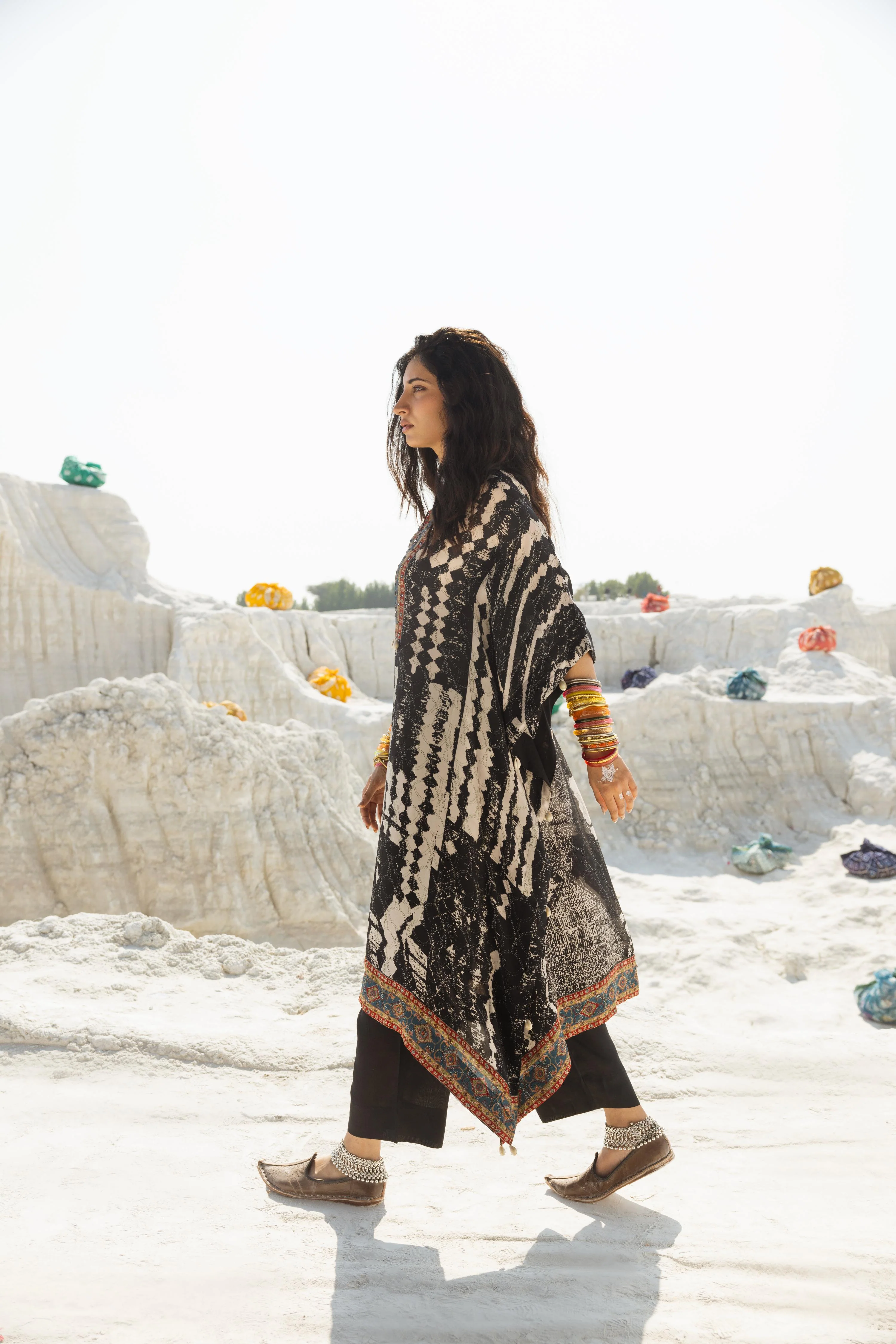Charcoal Black Ikat Printed Muslin Silk Kaftan Set - Image 5