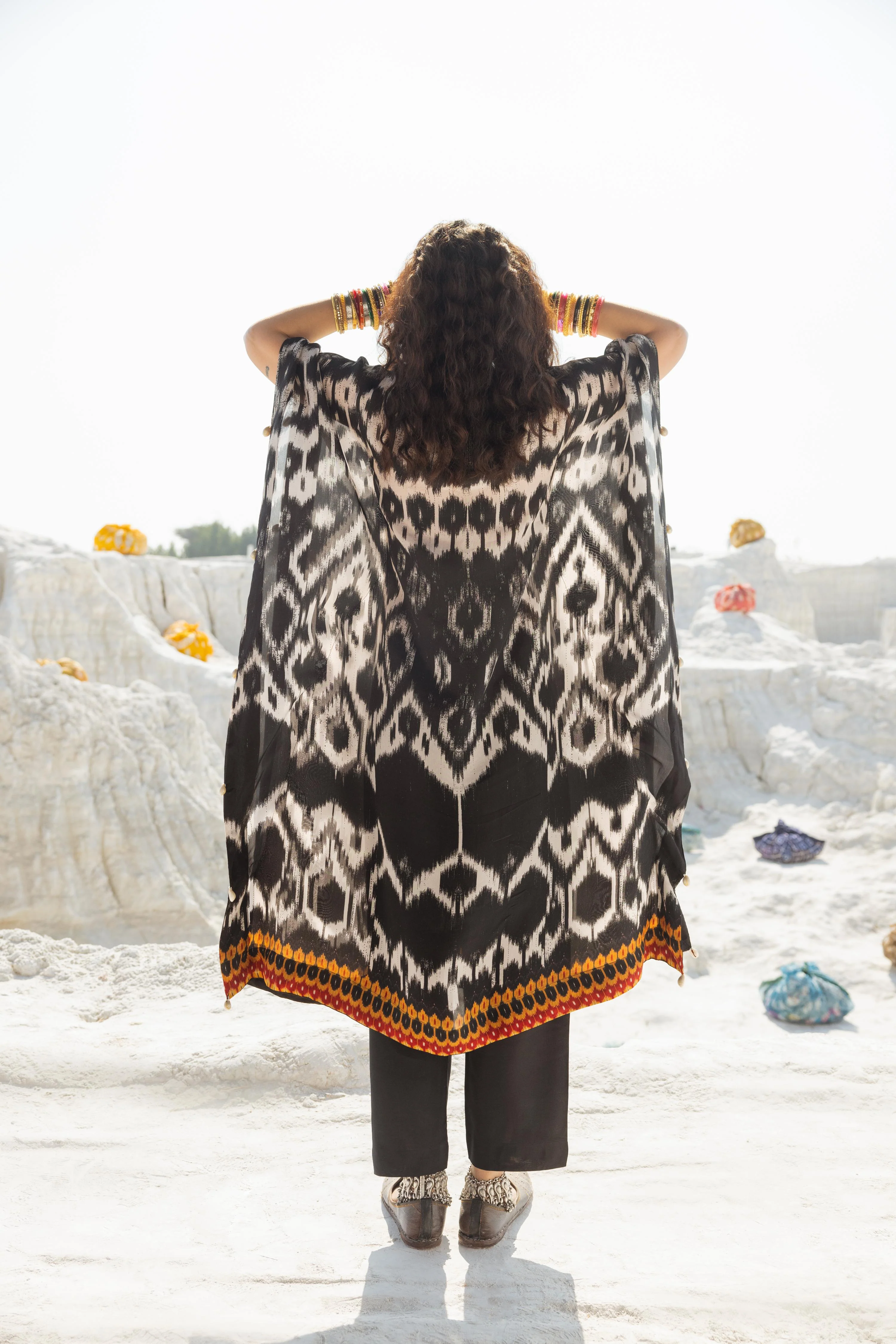 Charcoal Black Ikat Printed Muslin Silk Kaftan Set - Image 6