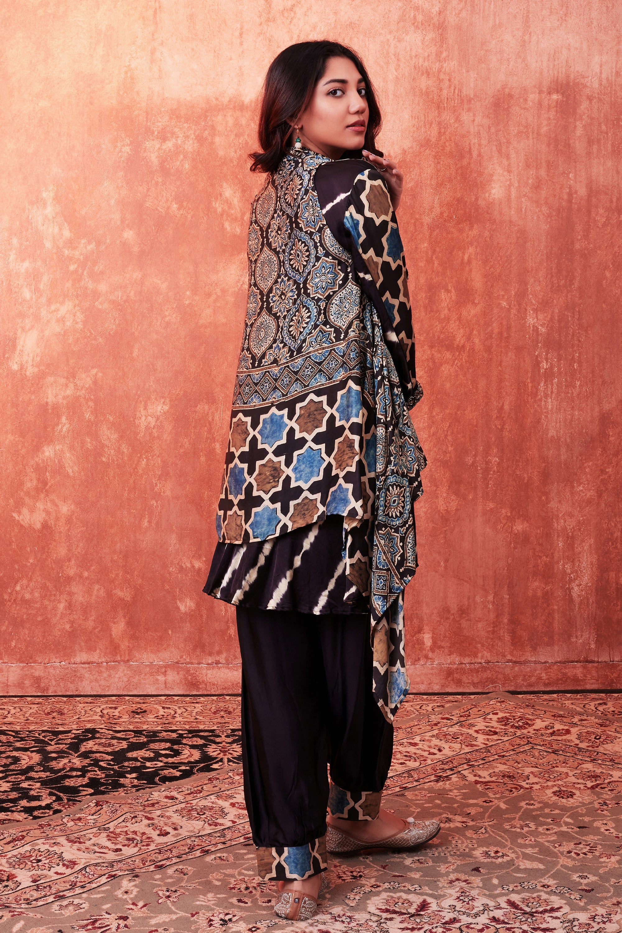 Black Multicolor Ajrakh Printed Habutai Silk Cape Suit Set - Image 2