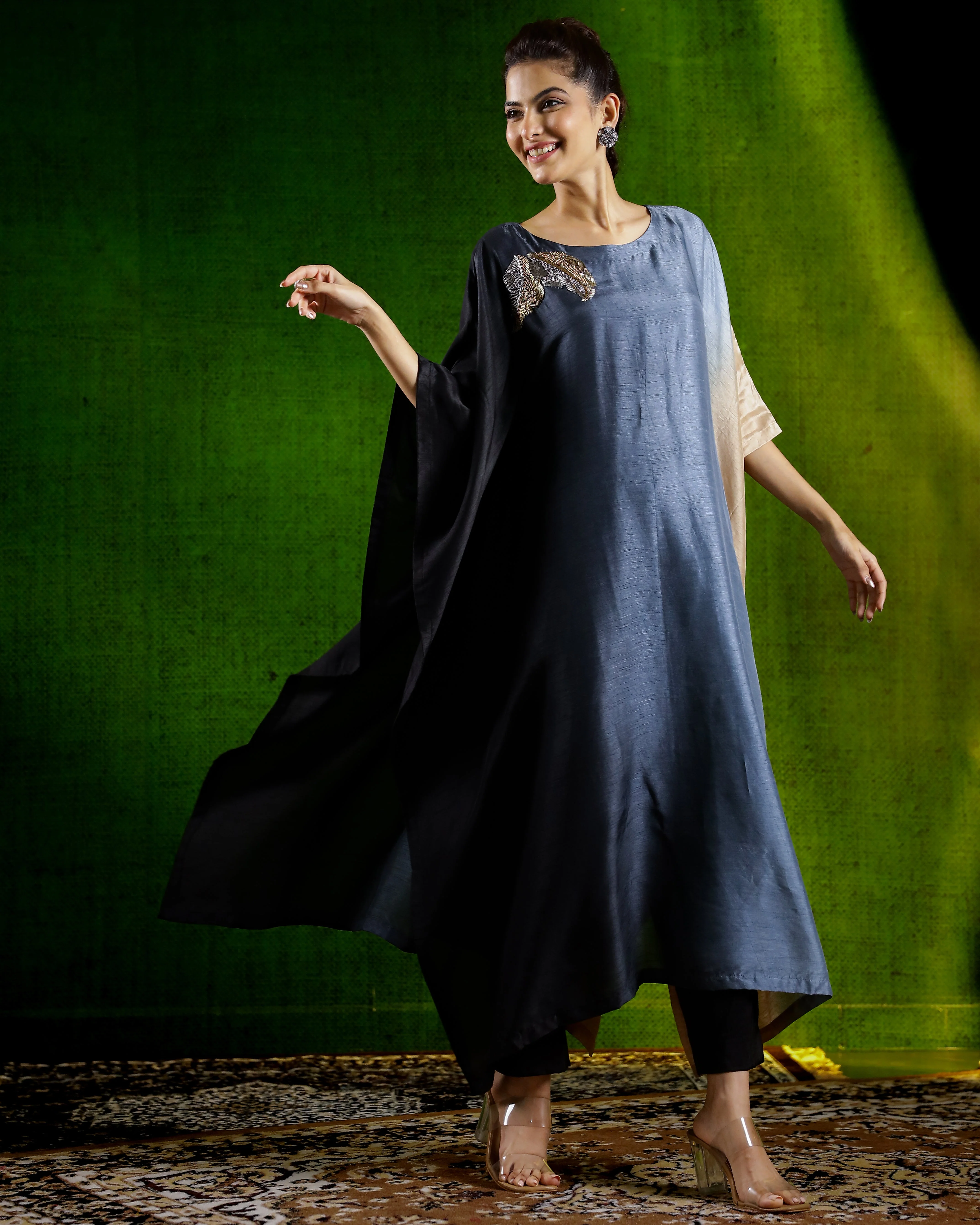 Black Ombre-Dyed Raw Silk Kaftan Set - Image 3