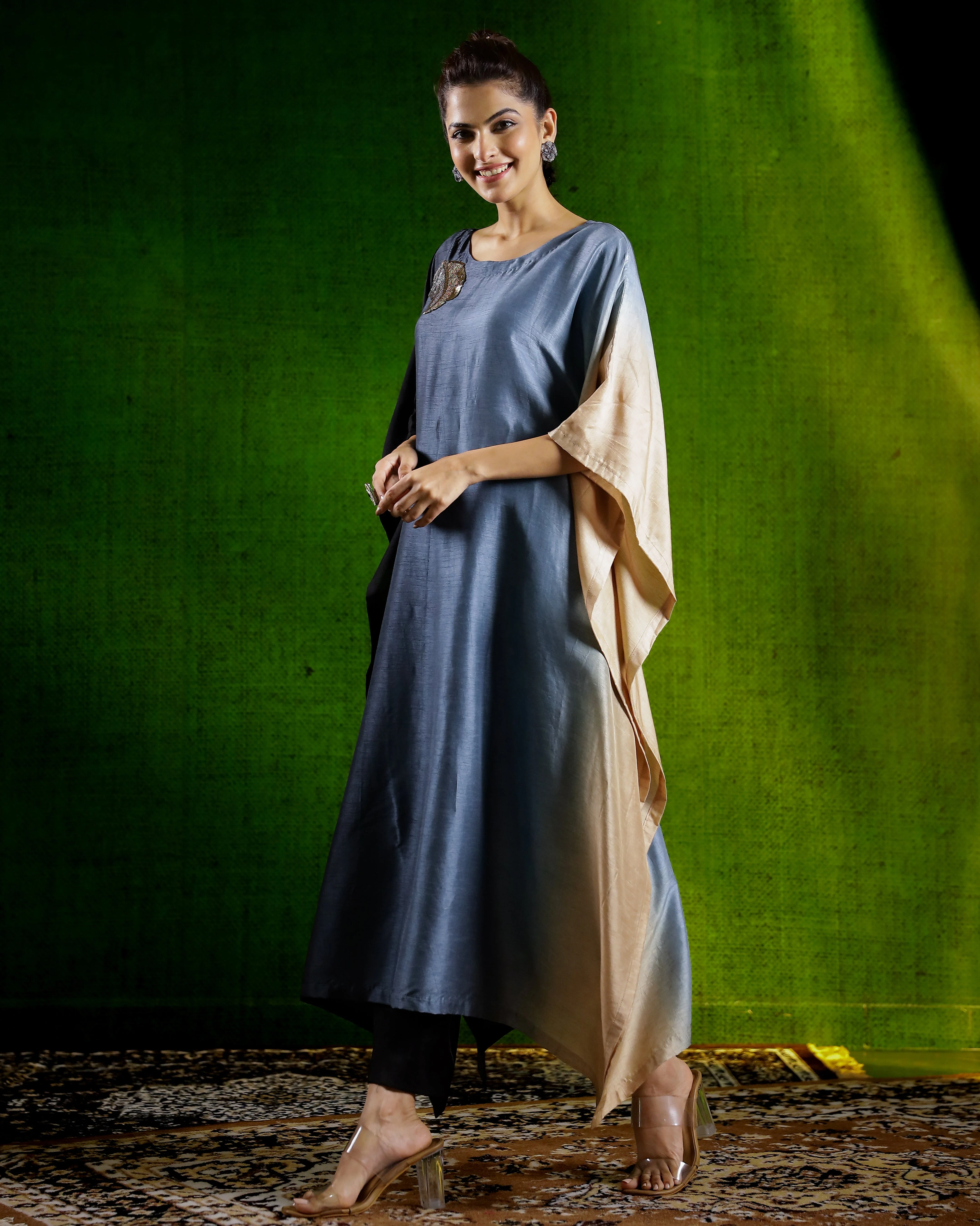 Black Ombre-Dyed Raw Silk Kaftan Set - Image 4