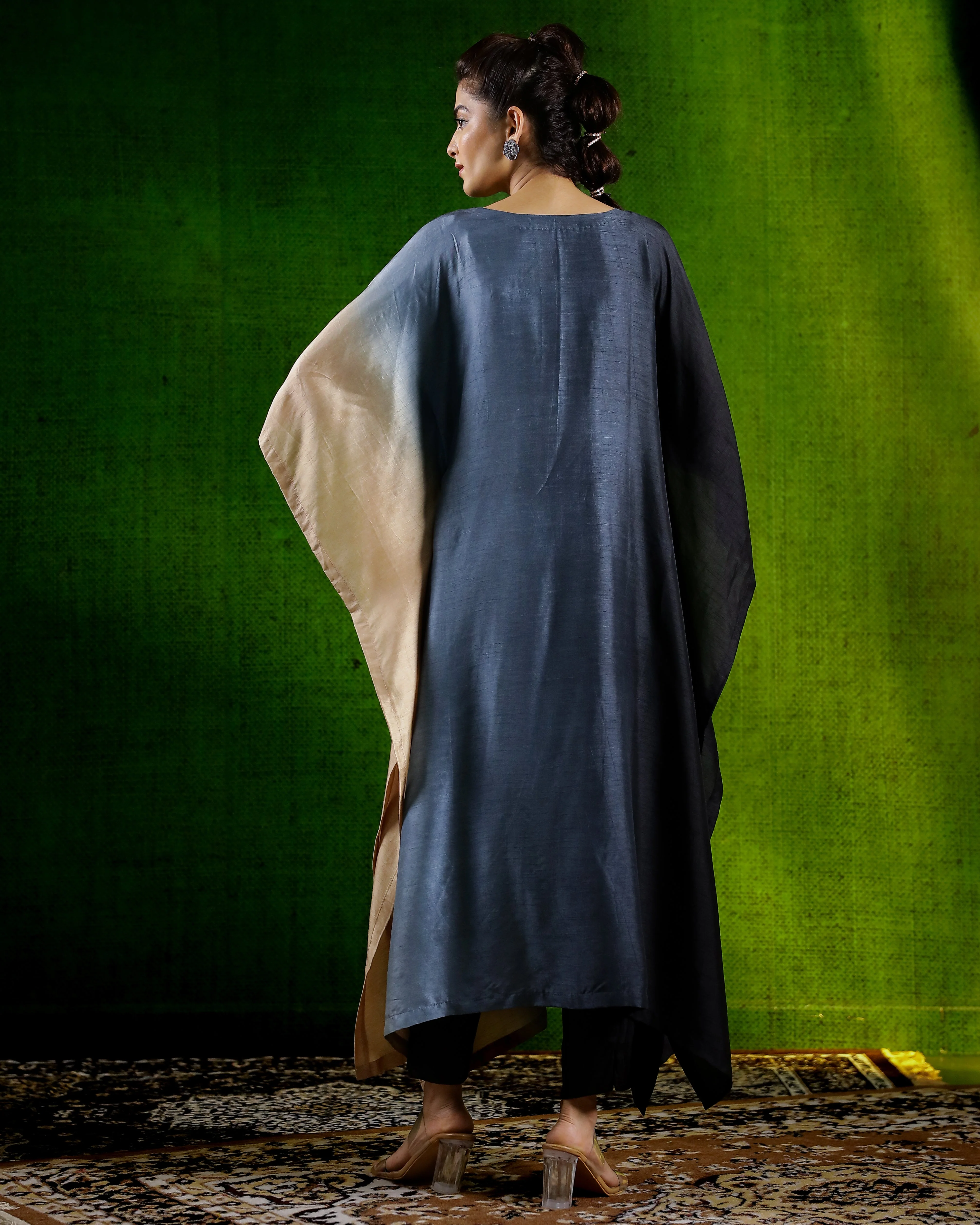 Black Ombre-Dyed Raw Silk Kaftan Set - Image 5