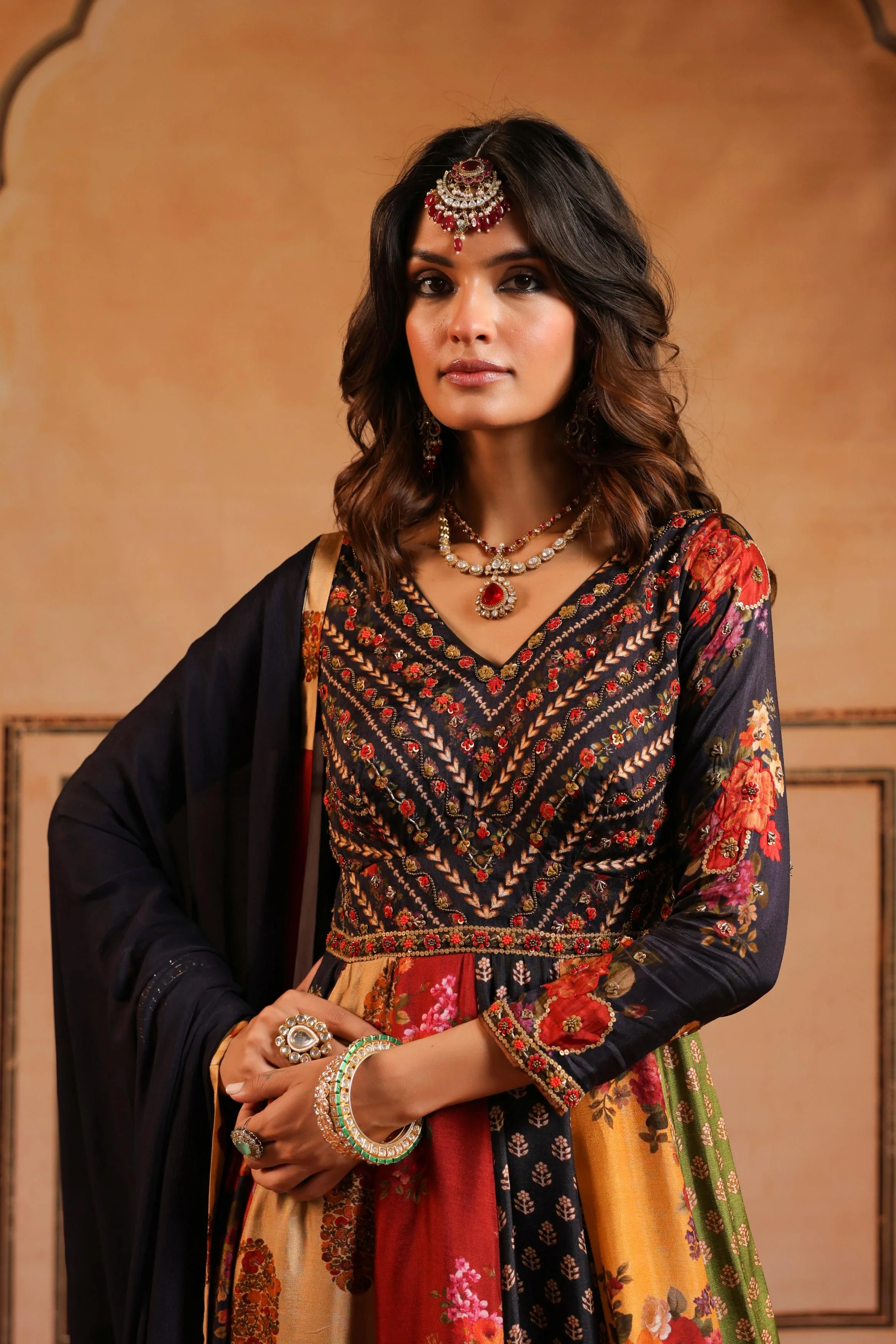 Black Printed Dola Silk Anarkali Set - Image 2