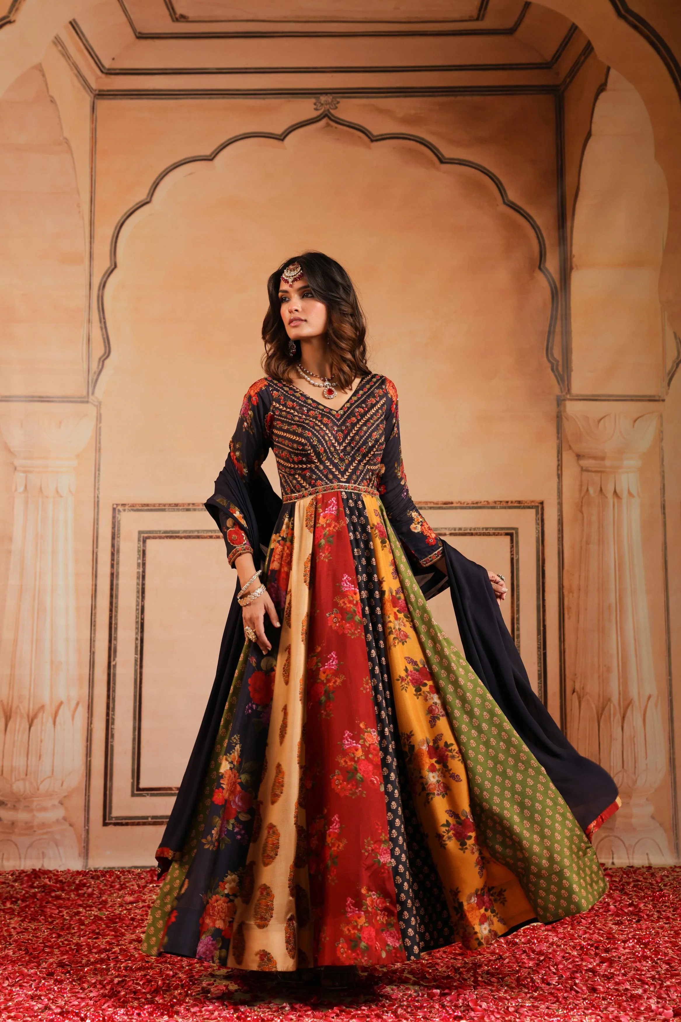Black Printed Dola Silk Anarkali Set - Image 3