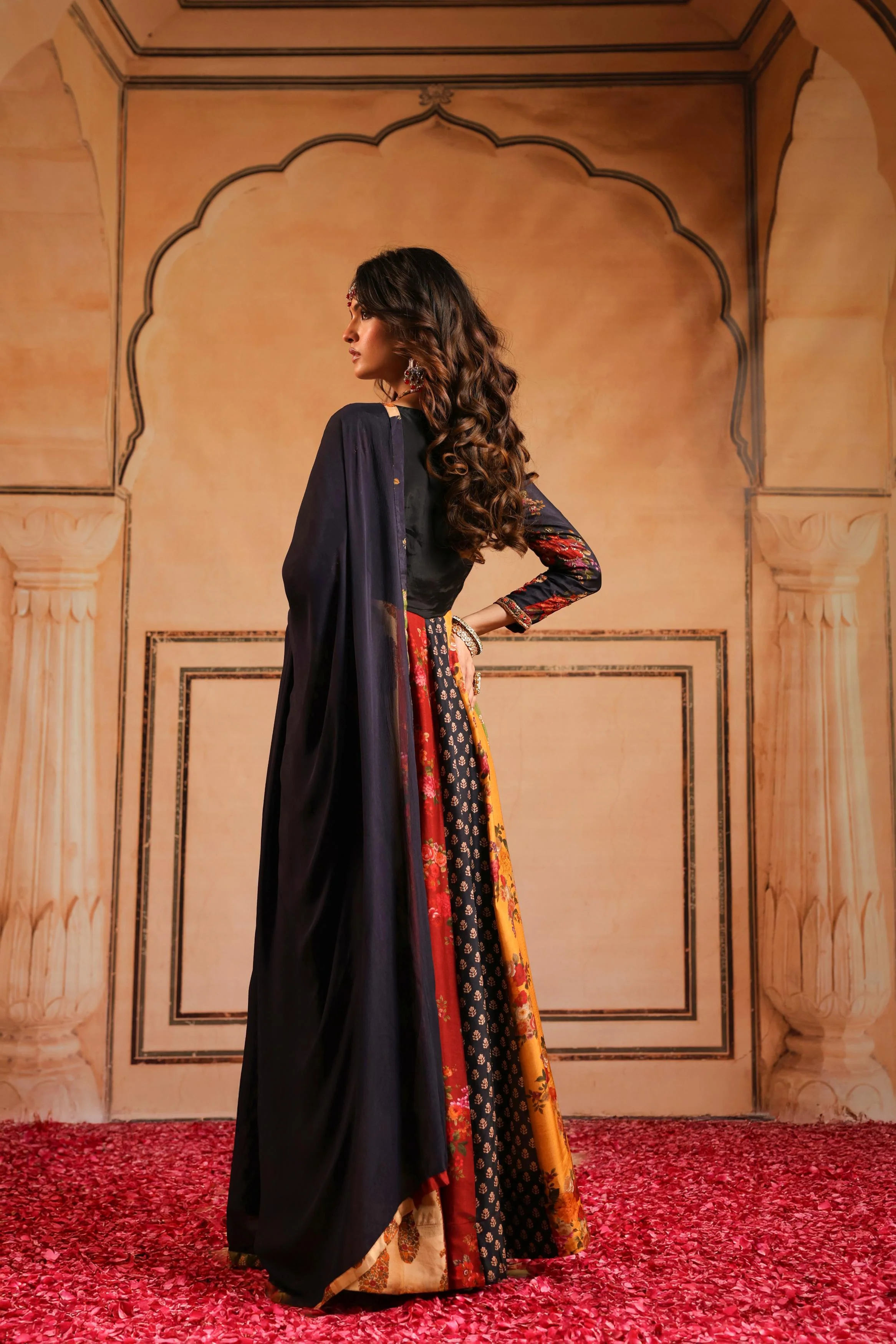 Black Printed Dola Silk Anarkali Set - Image 4
