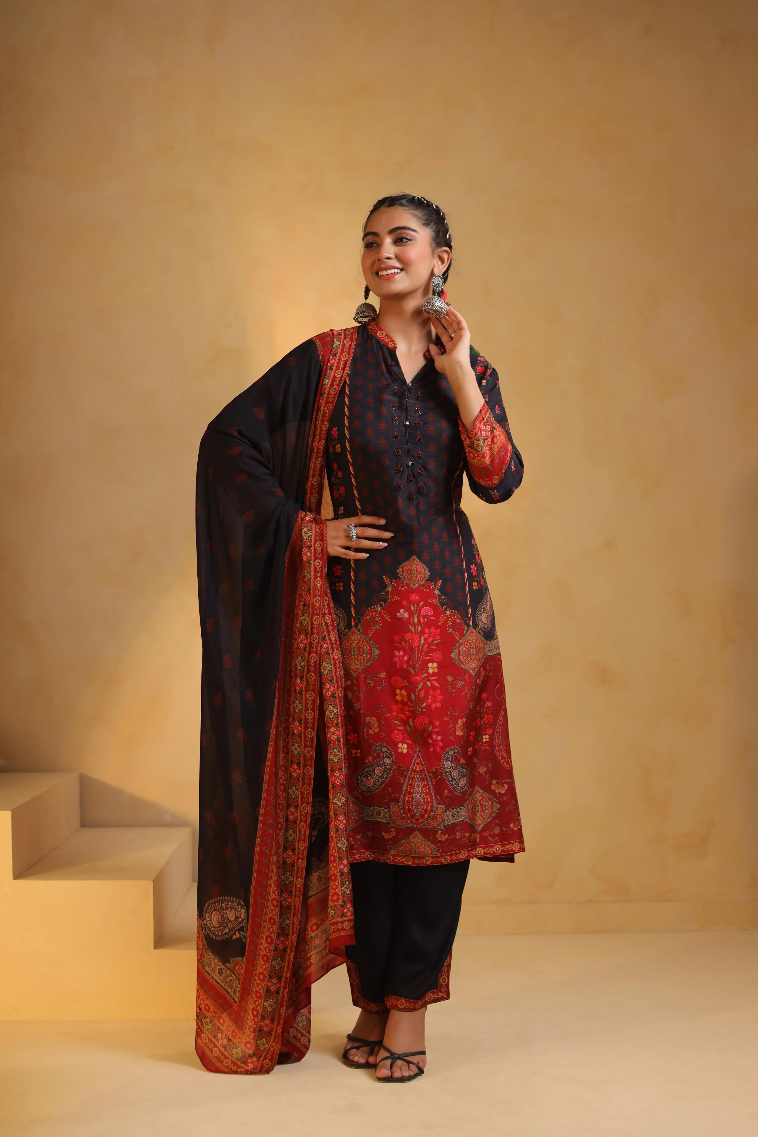 Black Printed Dola Silk Pant Set - Image 3