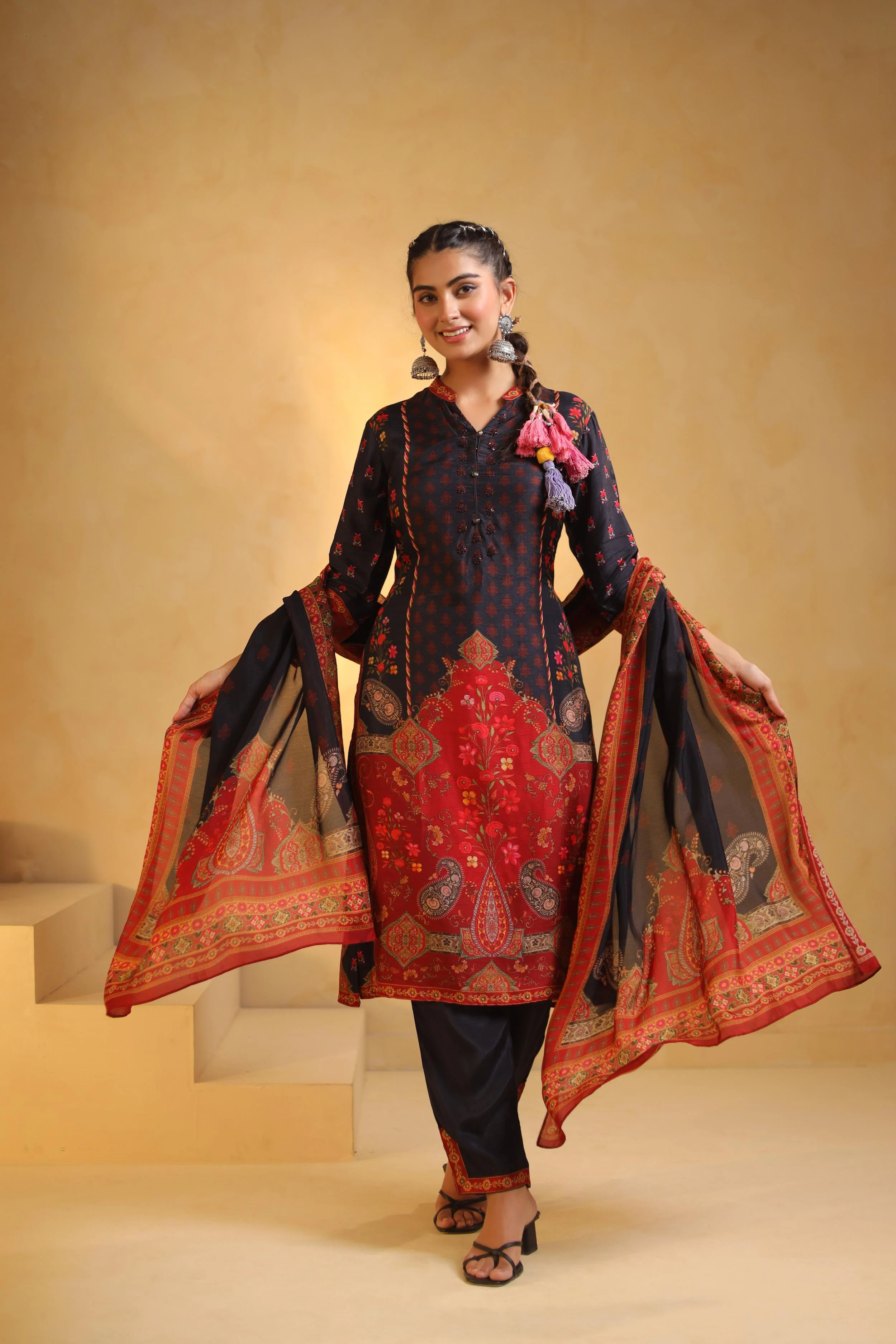 Black Printed Dola Silk Pant Set - Image 4