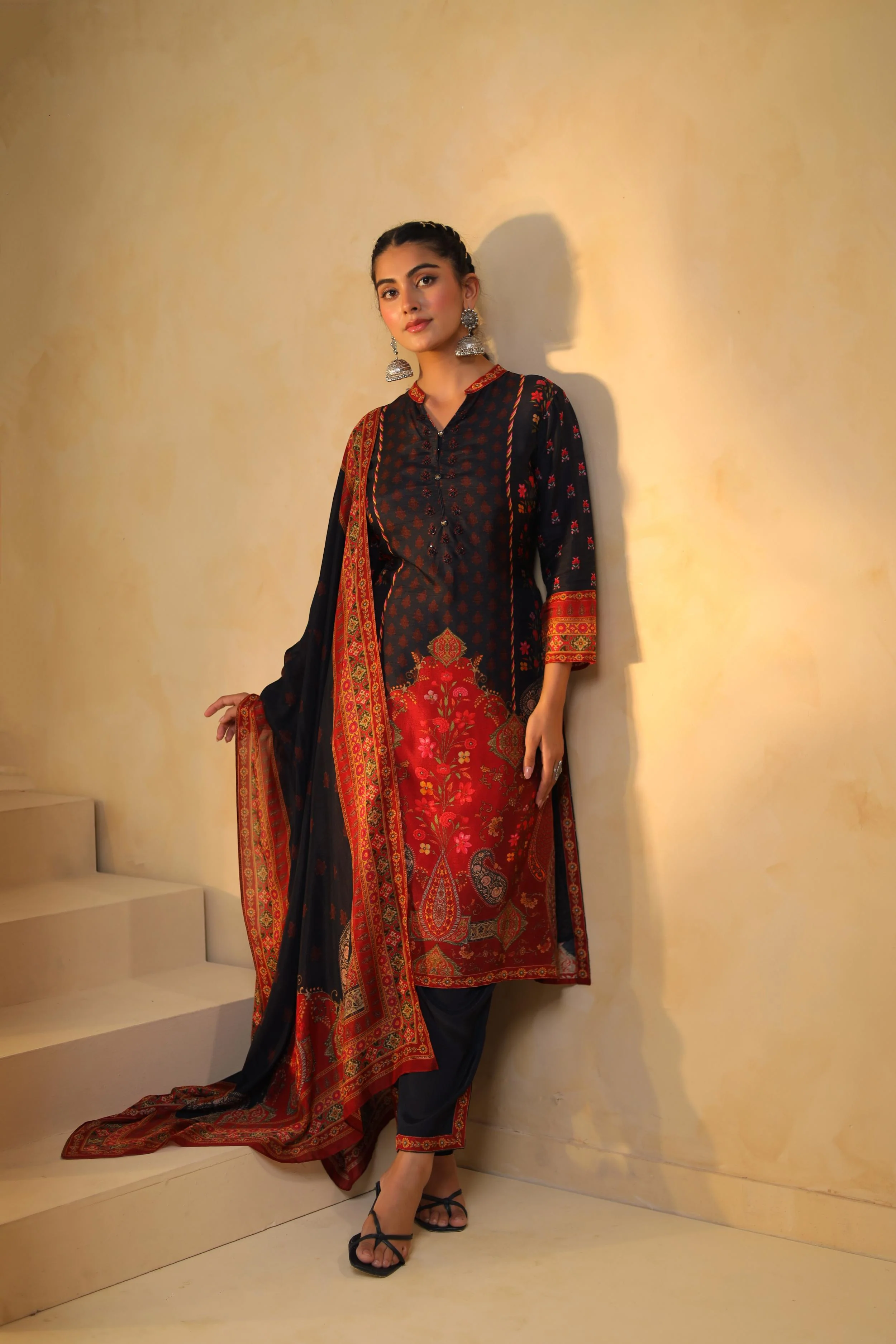 Black Printed Dola Silk Pant Set - Image 5