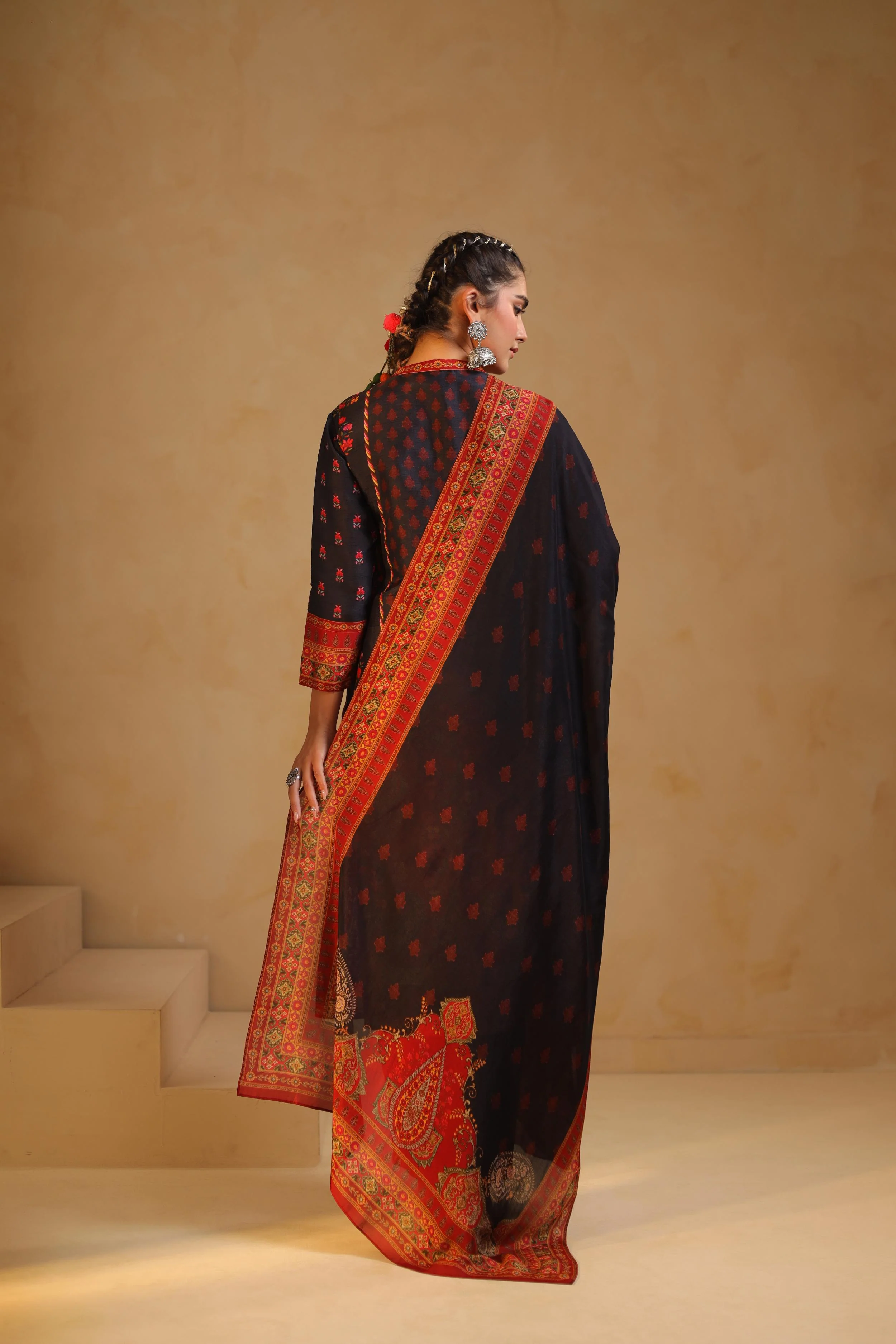 Black Printed Dola Silk Pant Set - Image 6