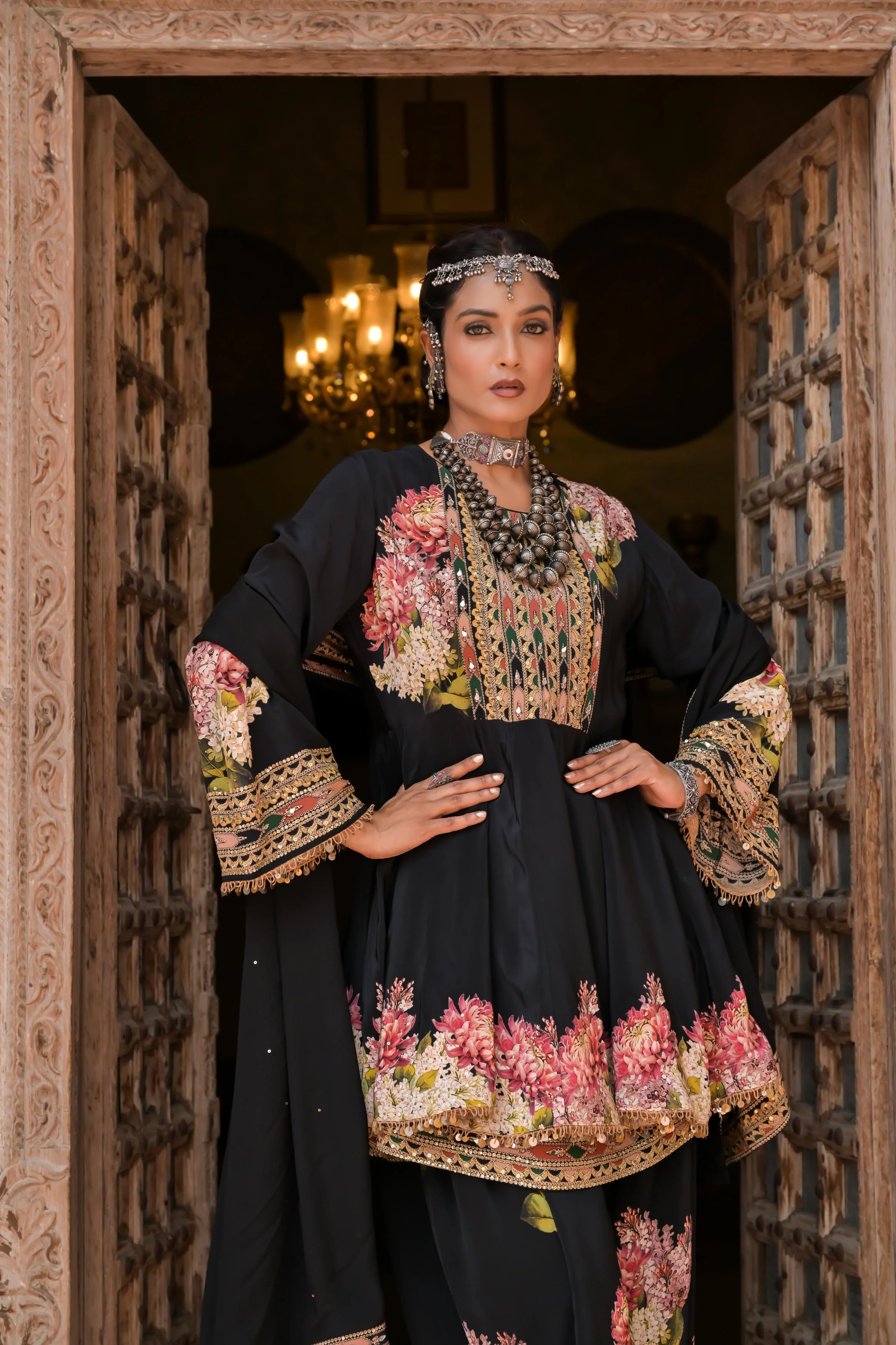 Black Printed Embellished Crepe Silk Dhoti Set - Image 2