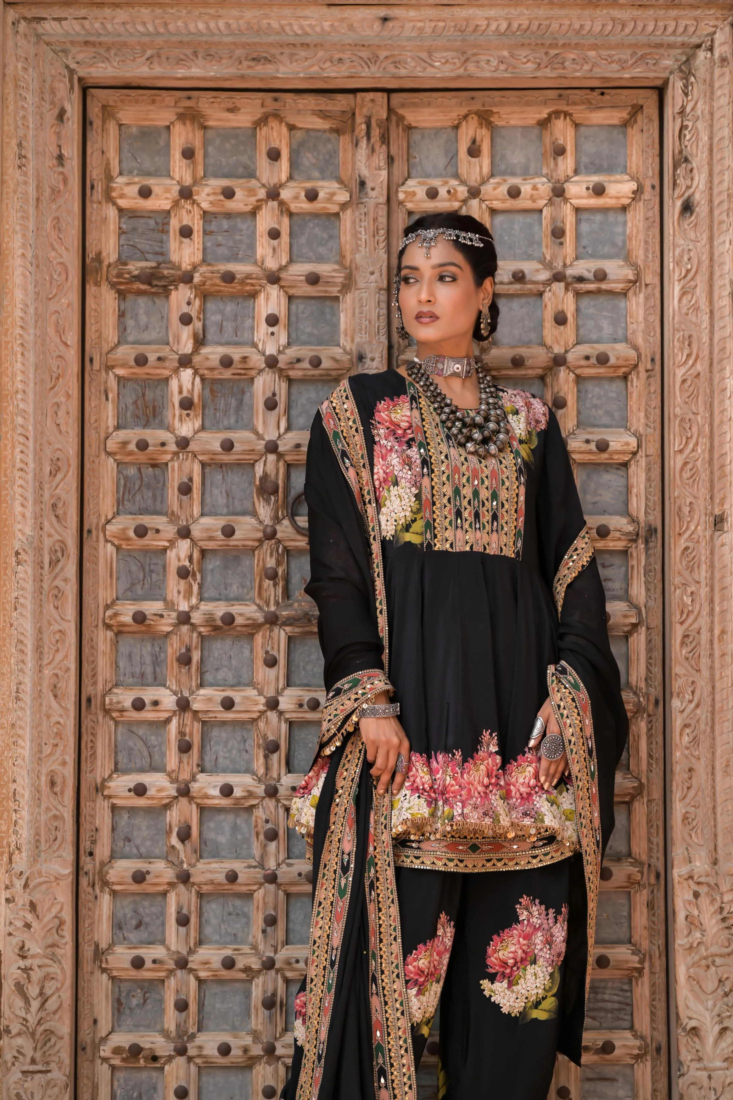 Black Printed Embellished Crepe Silk Dhoti Set - Image 3